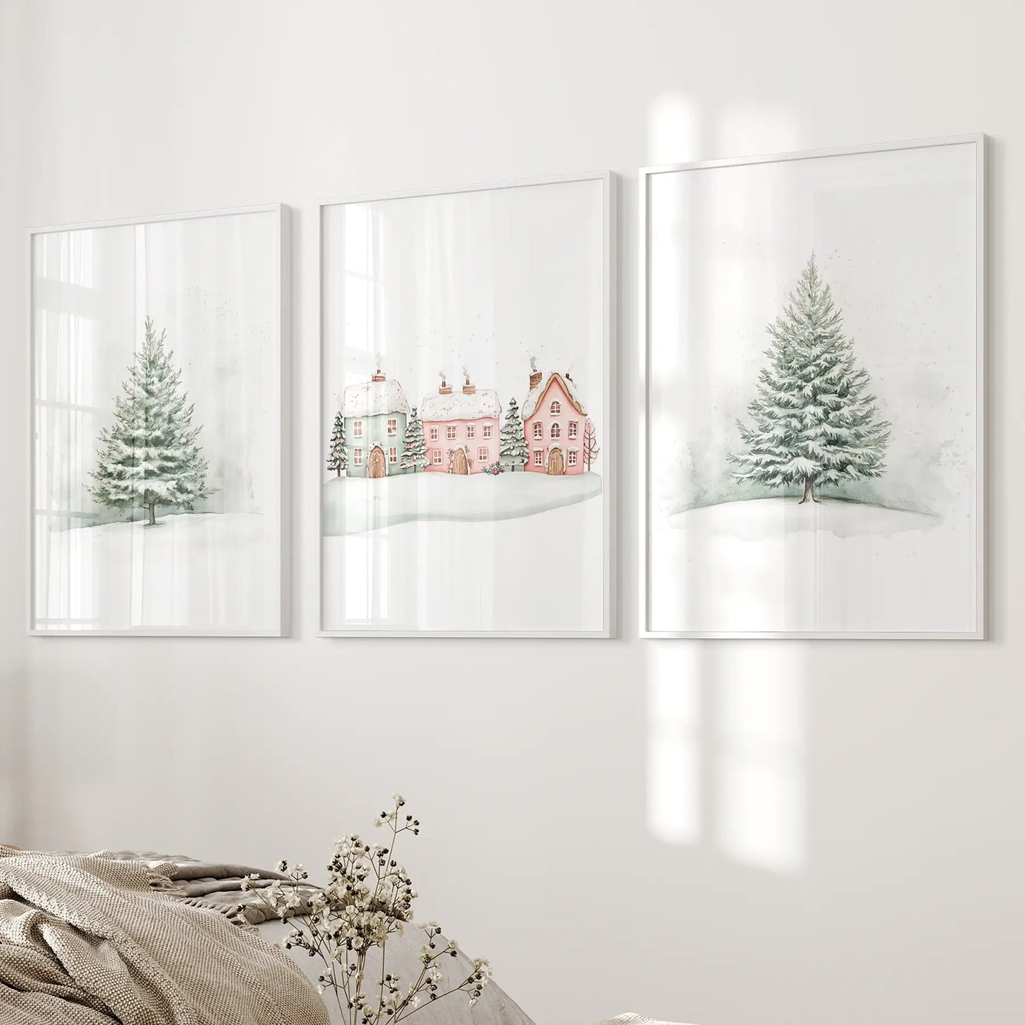 Cozy Christmas Village Print Cute Wall Art Home Decor. White Frames Over the Bed.