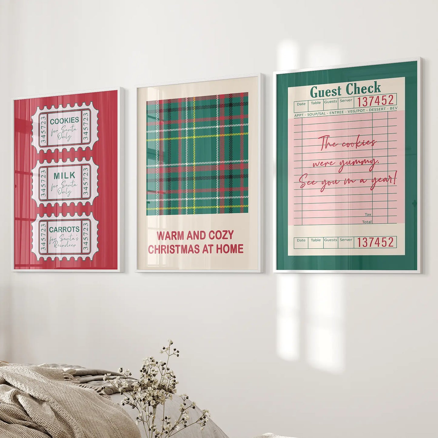 Winter Wall Art Set Holiday Decoration Posters. White Frames Over the Bed.