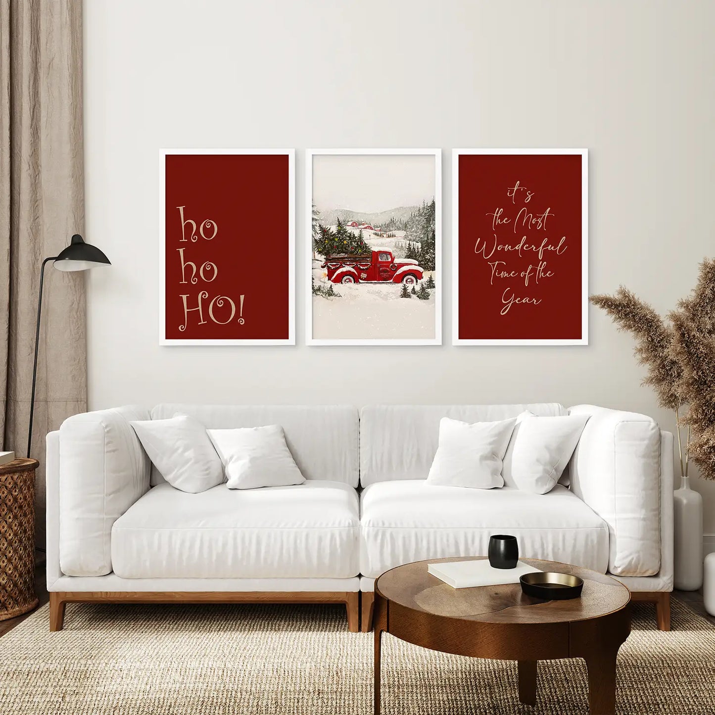 Winter Tree Set of 3 Piece. Vintage Christmas Artwork. White Frames for Living Room.
