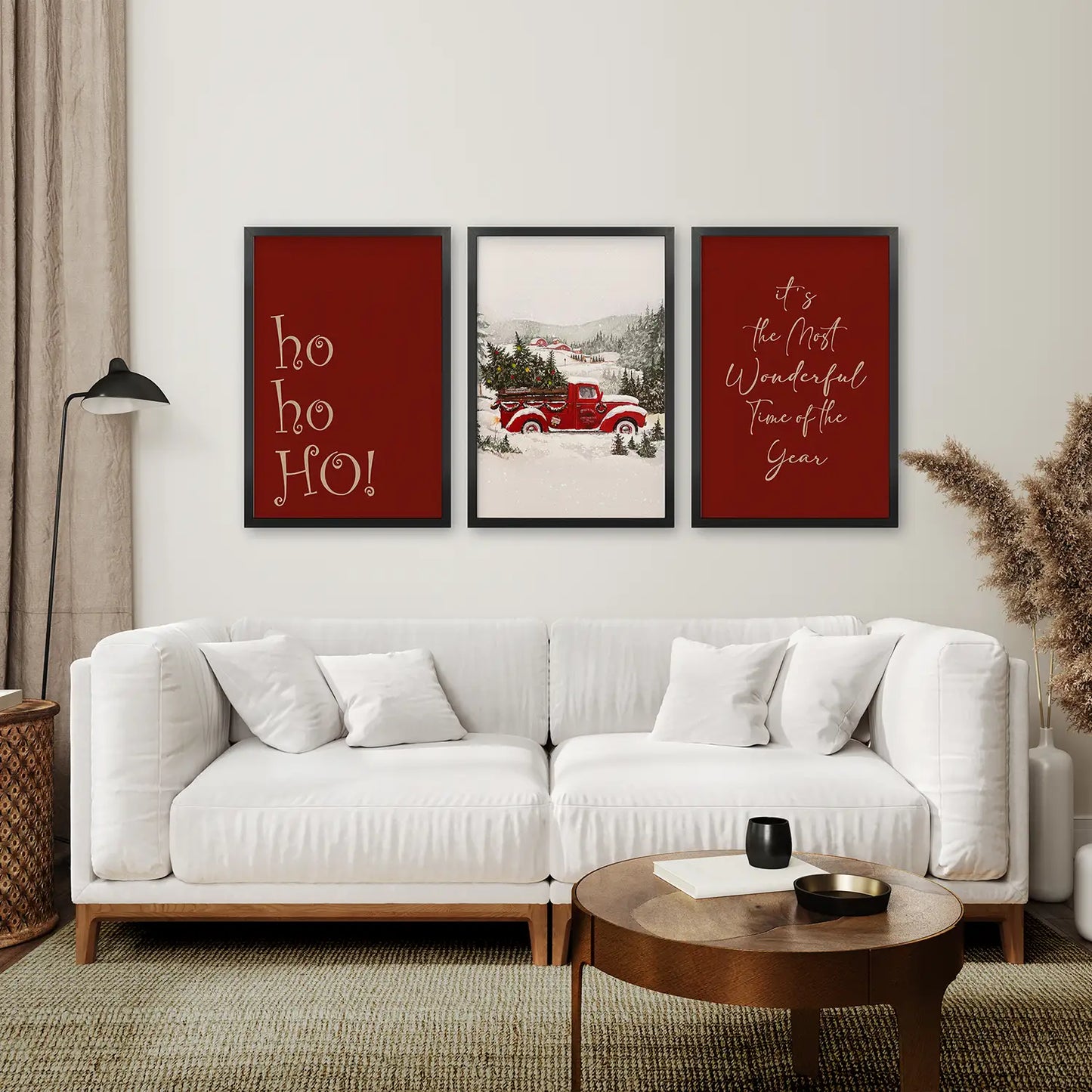Christmas Song Red Wall Art Set. Black Frames Above the Sofa.