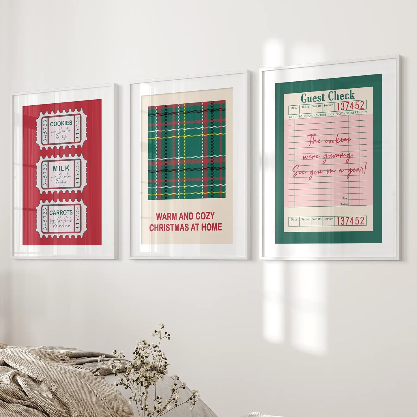 Printable Christmas Wall Art Modern Home Decor. White Frames with Mat for Bedroom.