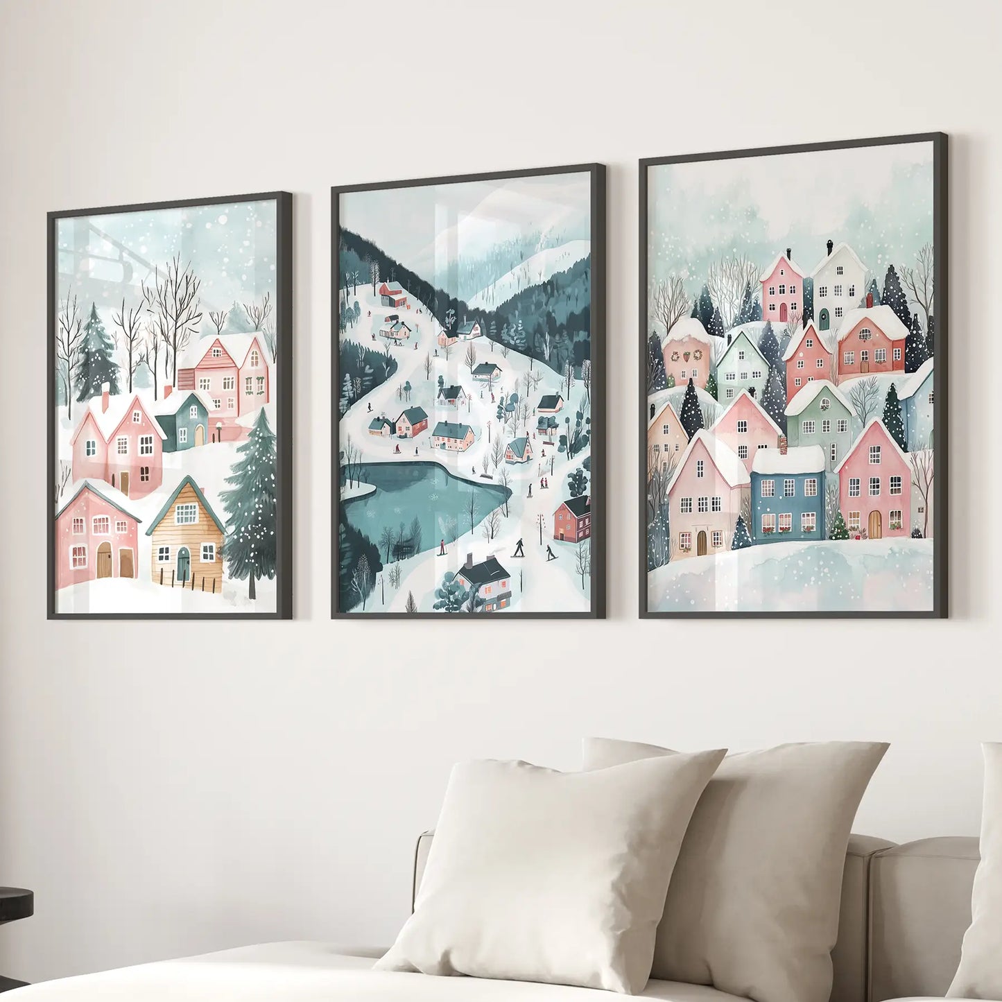 Winter Charming Christmas Houses Holiday Decoration. Black Frames Over the Couch.