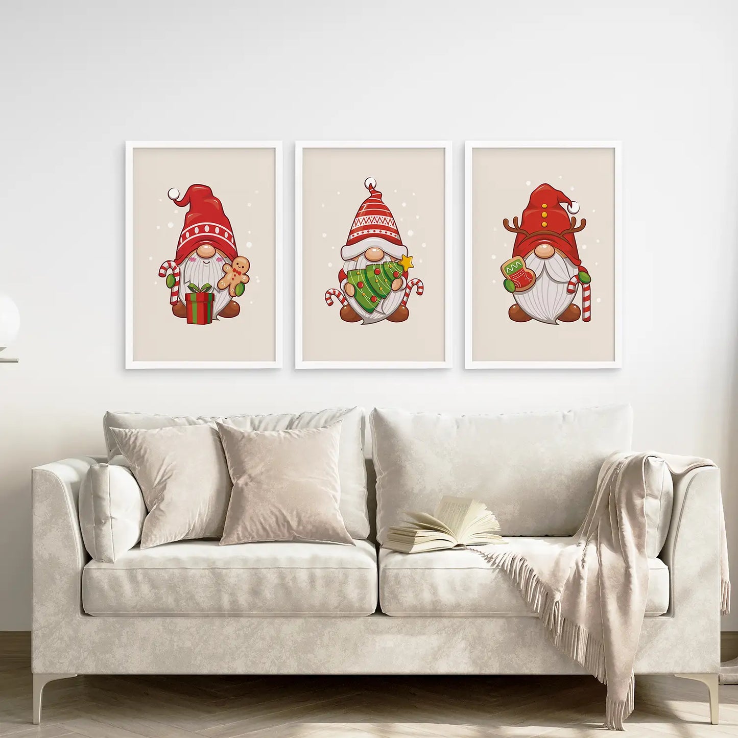 Scandi Holiday Art Kids Room Decor Posters. White Frames Above the Sofa.