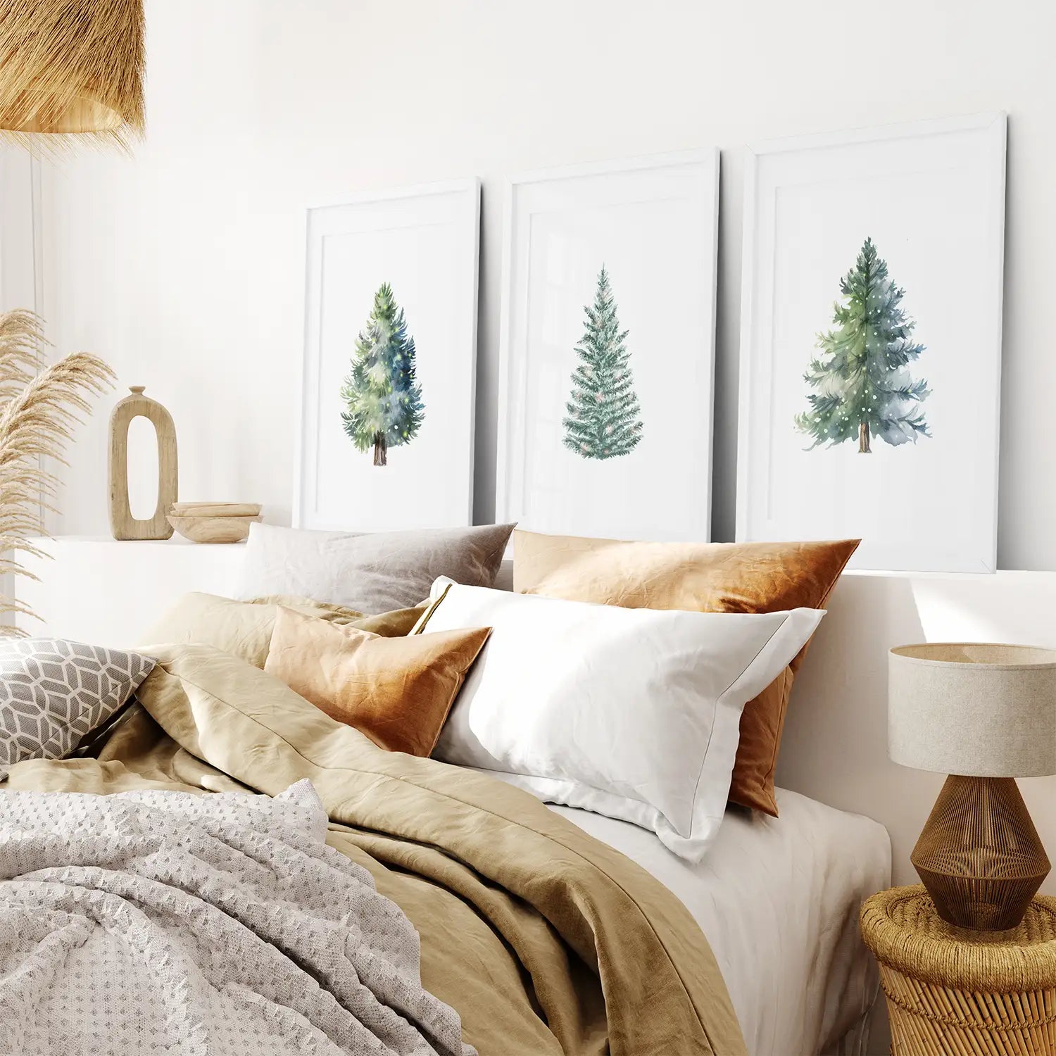 Evergreen Trees Xmas Decoration Wall Art Set of 3 Piece. White Frames  with Mat for Bedroom.