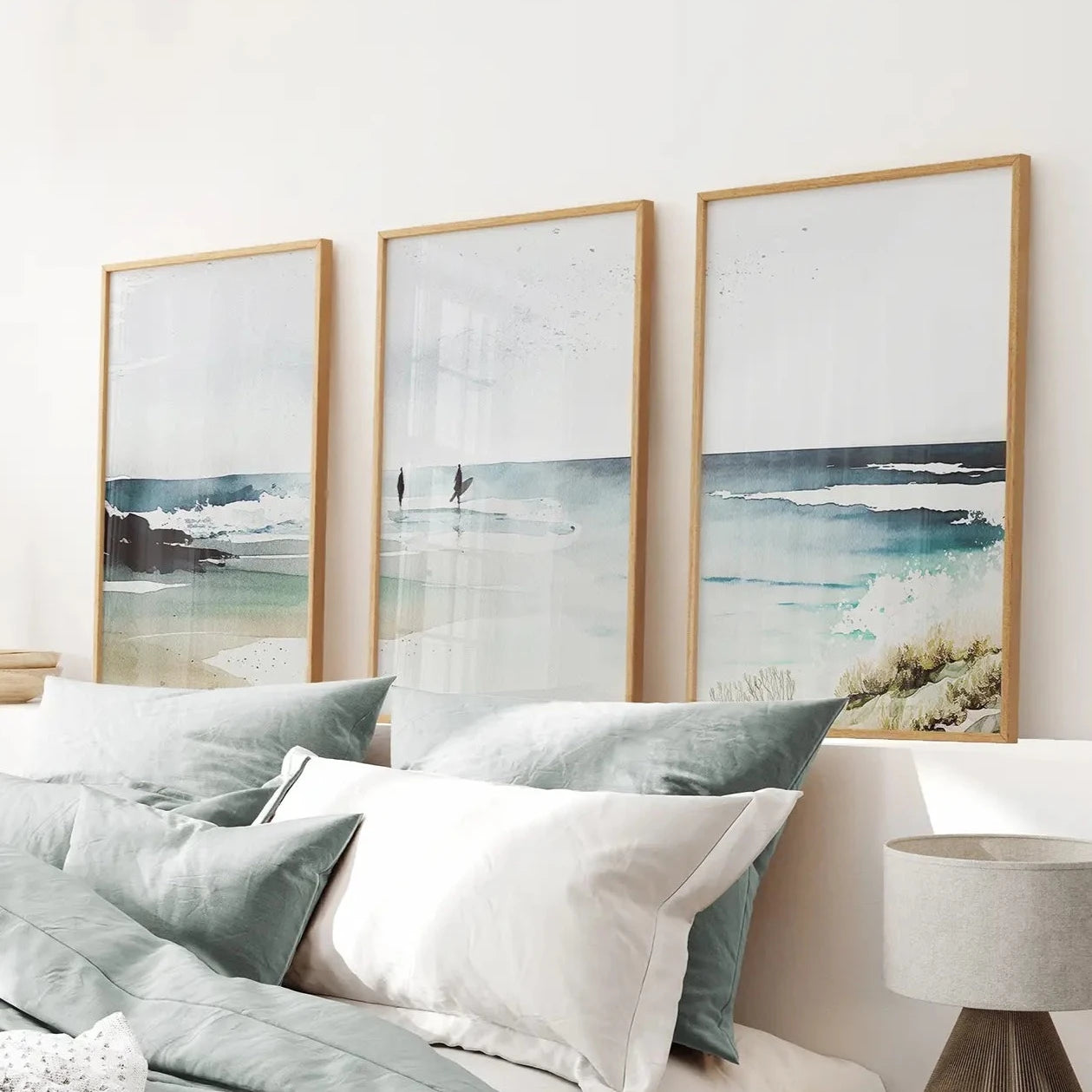 Beach Landscape Set of 3 Prints Wall Art.Thin Wood Frames for Bedroom.