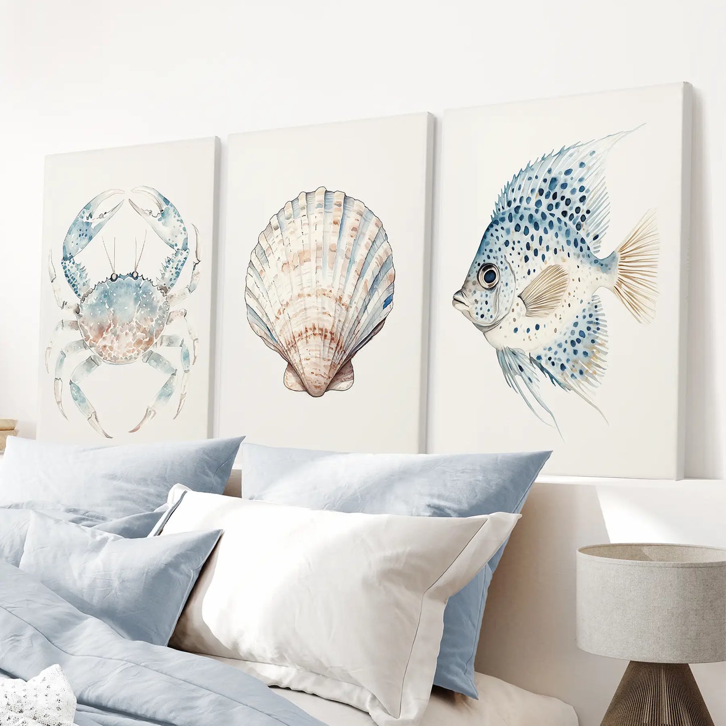 Blue and beige seashell poster. Light blue nautical art set of 3 piece. Wrapped canvas above the bed.