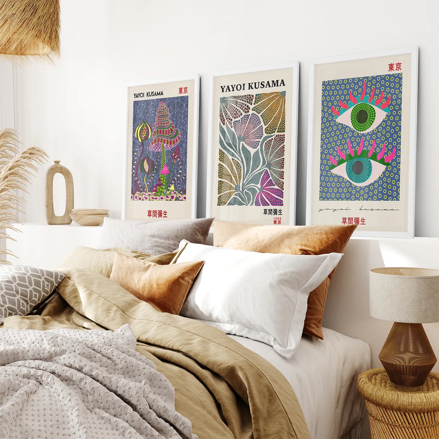 Japanese Modern Prints Poster Set. White Frames for Bedroom.