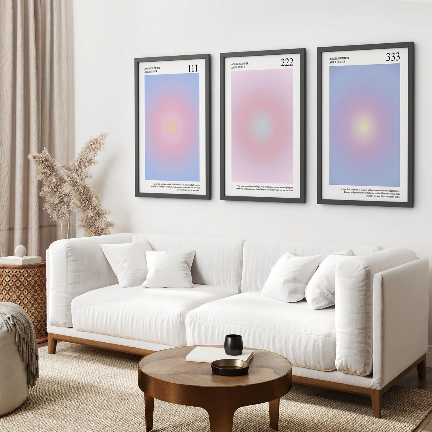 Aura Vibration Wall Art Prints Trendy. Black Frames Over the Coach.