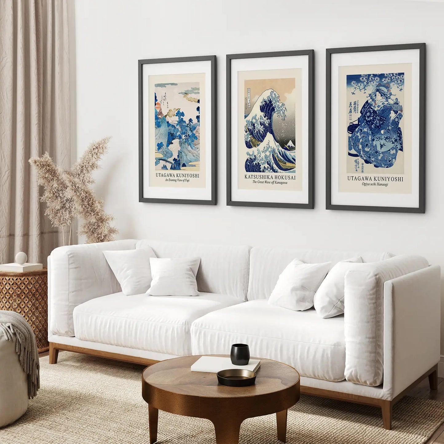 Katsushika Hokusai Modern Exhibition Poster. Black Frames with Mat Over the Coach.