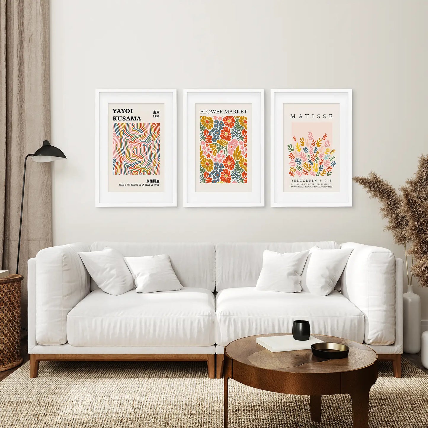 Yayoi Kusama Abstract Posters Printable Wall Art. White Frames with Mat Above the Sofa.