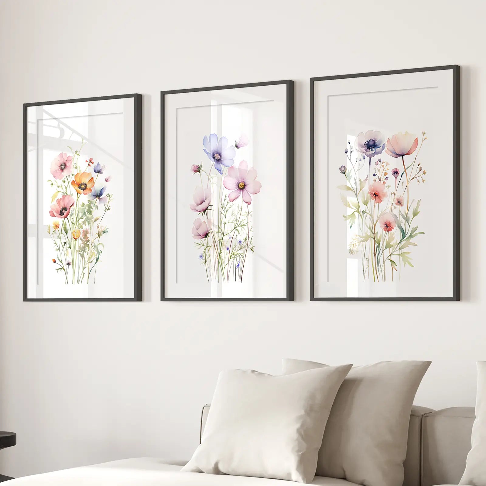 Boho Botanical 3 Piece Wall Art Apartment Decor. Black Frames with Mat Above the Sofa.