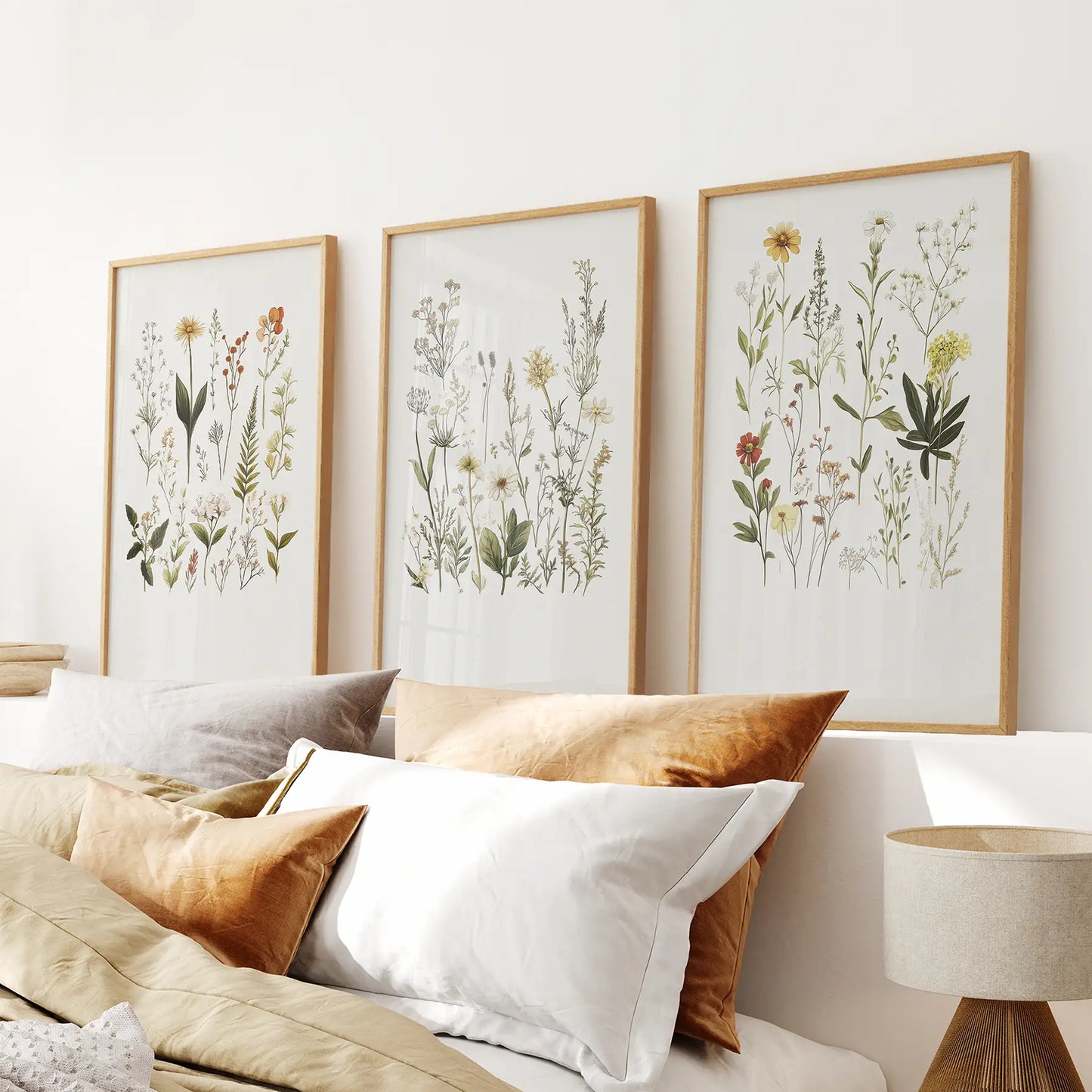 Modern Floral Watercolor Art Botanical Set Prints. Thinwood Frames Over the Bed.