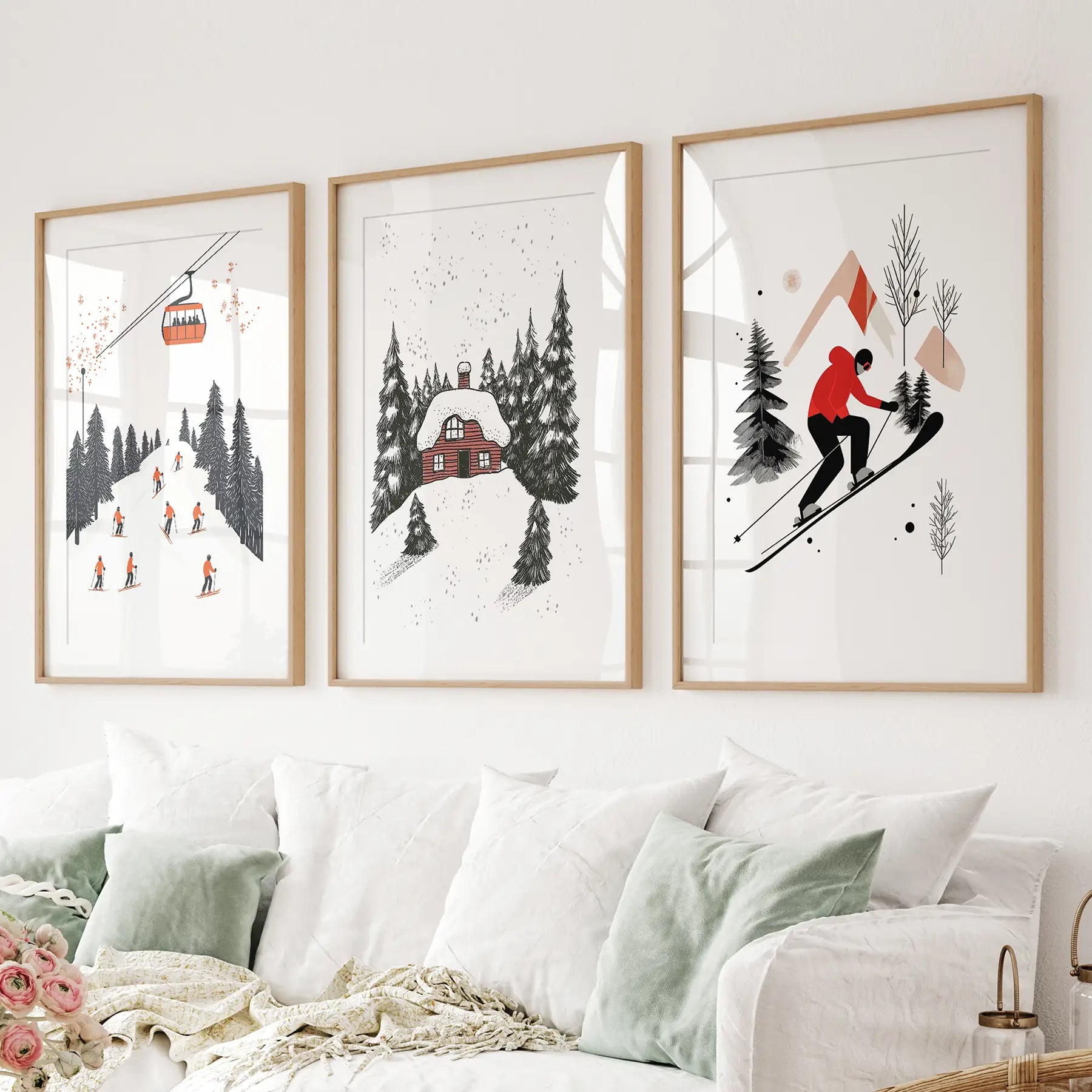 Winter Wall Art Printable Ski Poster Trendy Decor Set. Thinwood Frames with Mat Above the Sofa.