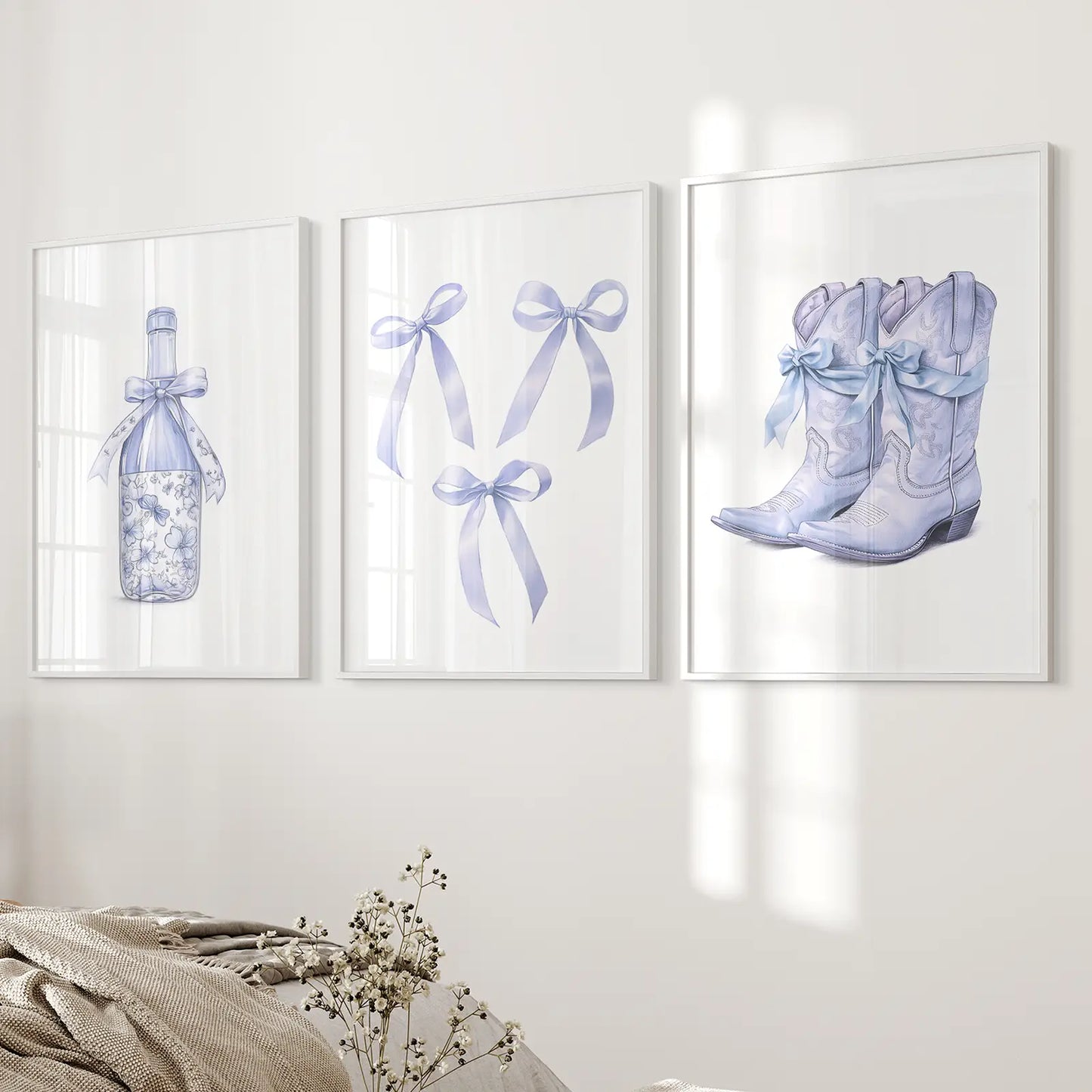 Cowgirl Decor Preppy Aesthetic Blue Wall Art Prints. White Frames for Bedroom.