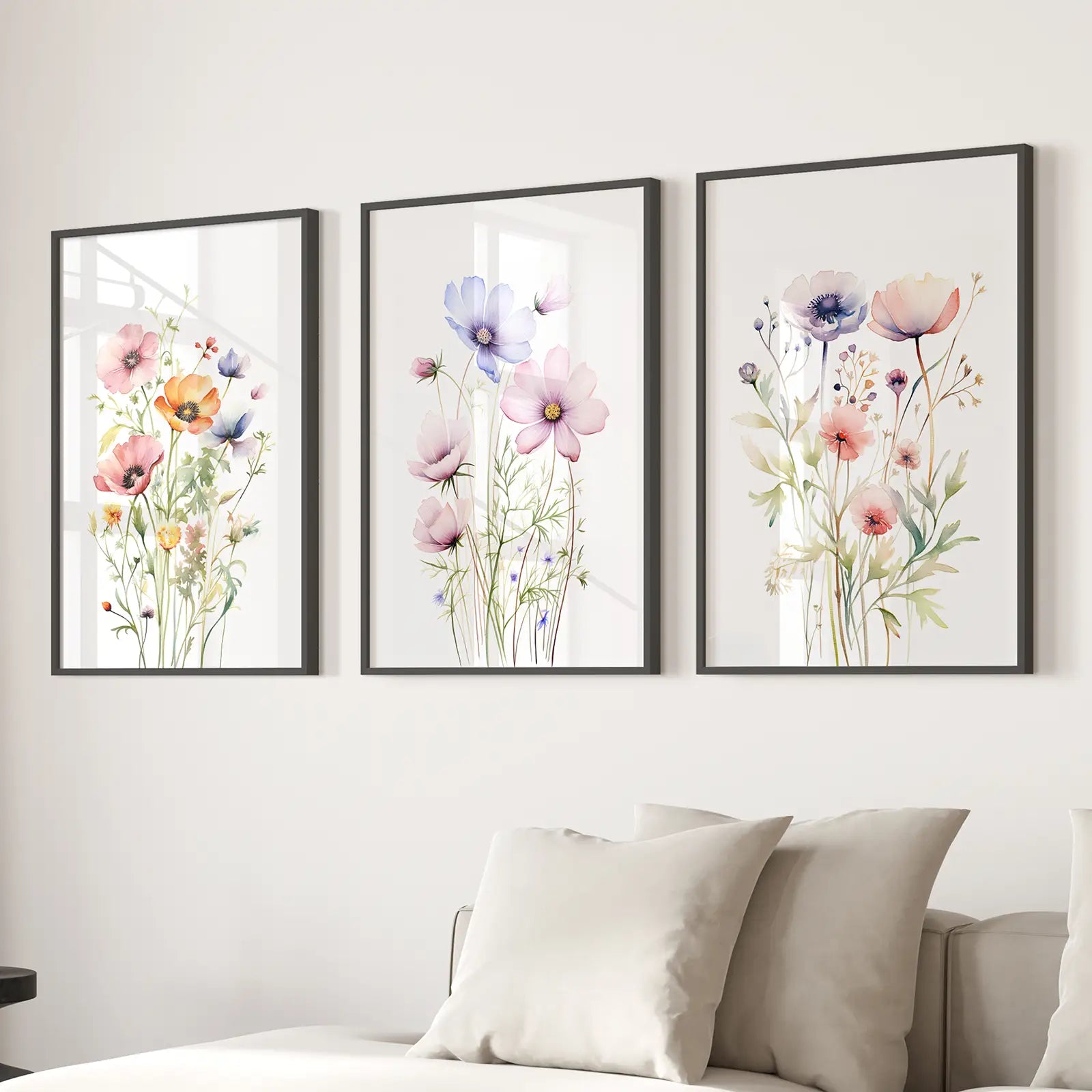 Spring Watercolor Wildflower Prints Wall Art Set. Black Frames for Living Room.
