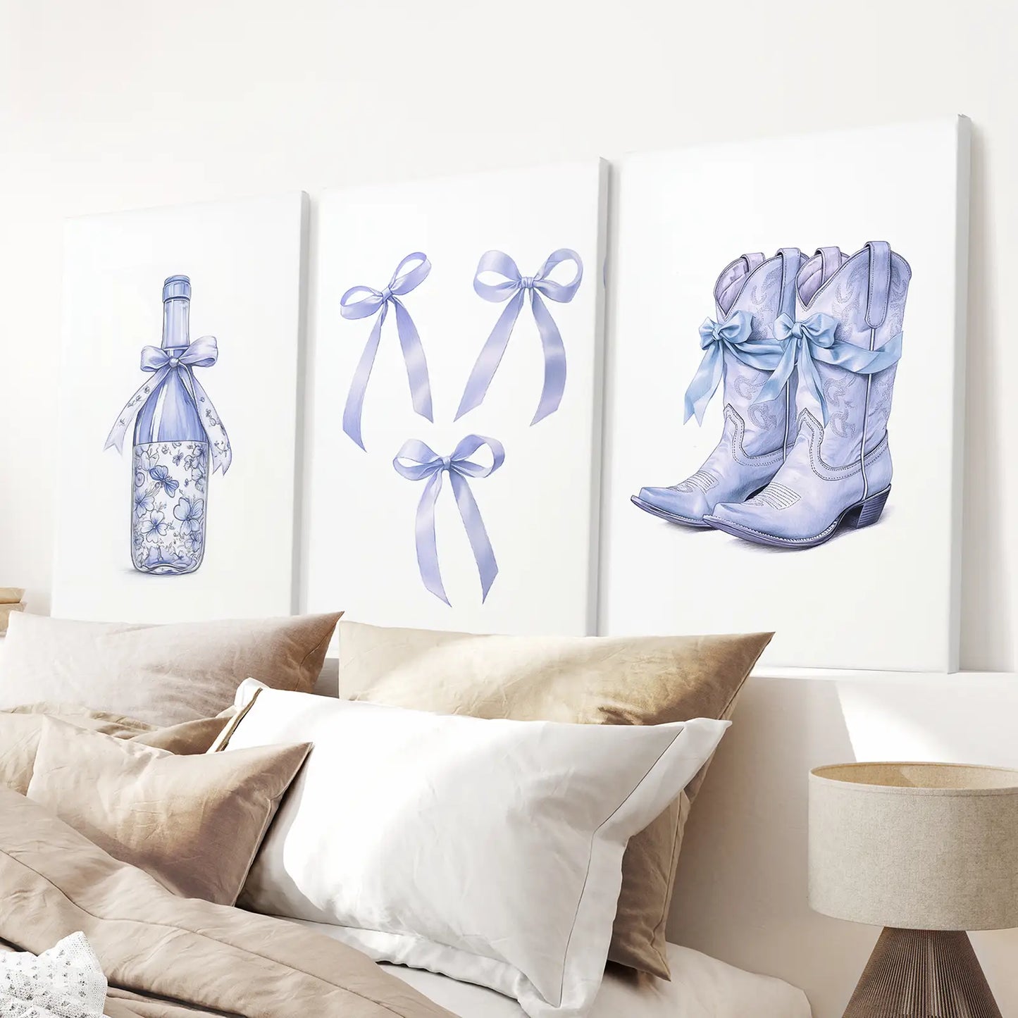 Western Cowgirl Art Cute Apartment Decor Set. Stretched Canvas Above the Canvas.