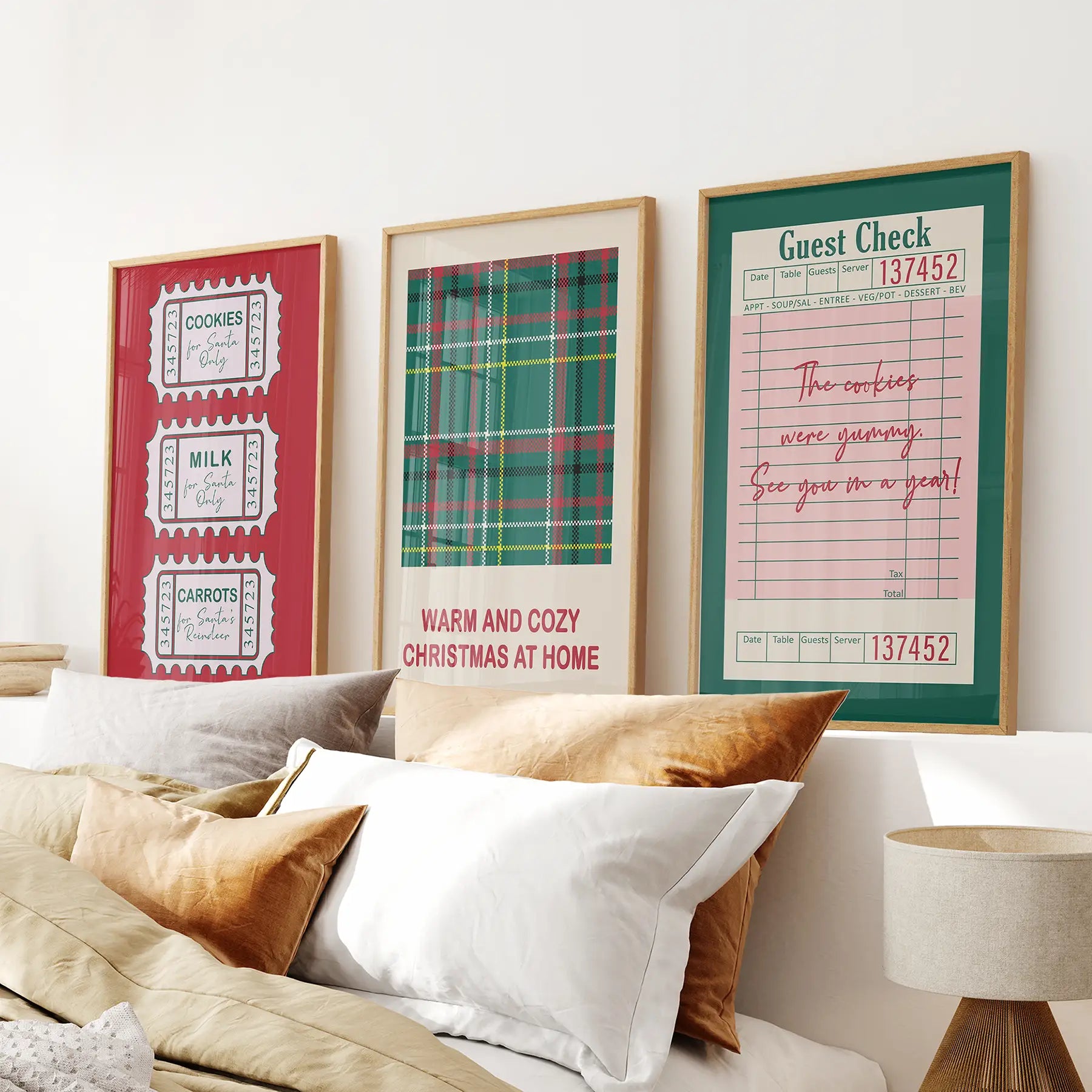 Festive Art Poster Xmas Wall Decor Printable Set. Thinwood Frames Above the Bed.