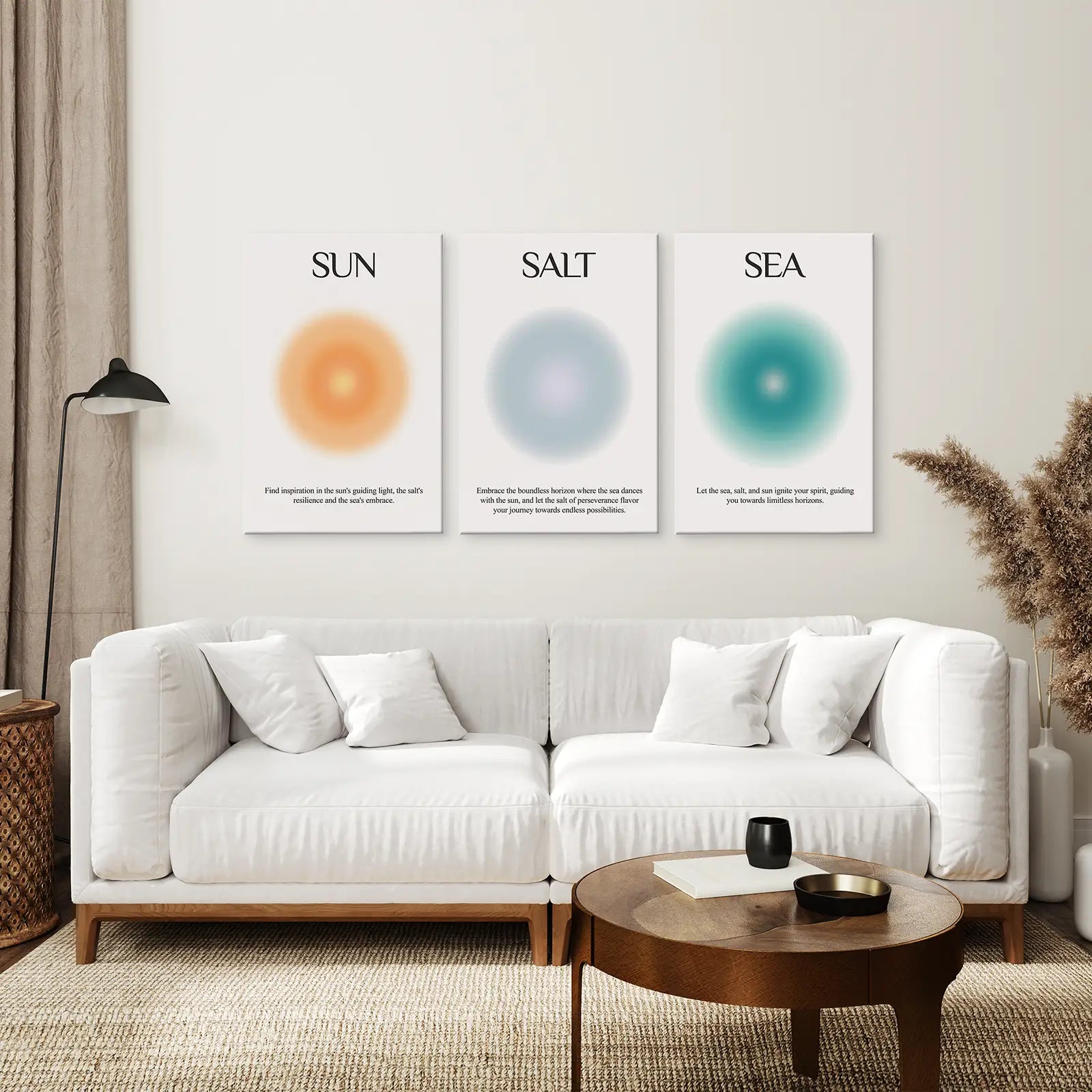 Sun Salt Sea inspirational prints set of 3 for beach house wall décor. Wrapped canvas over the couch.
