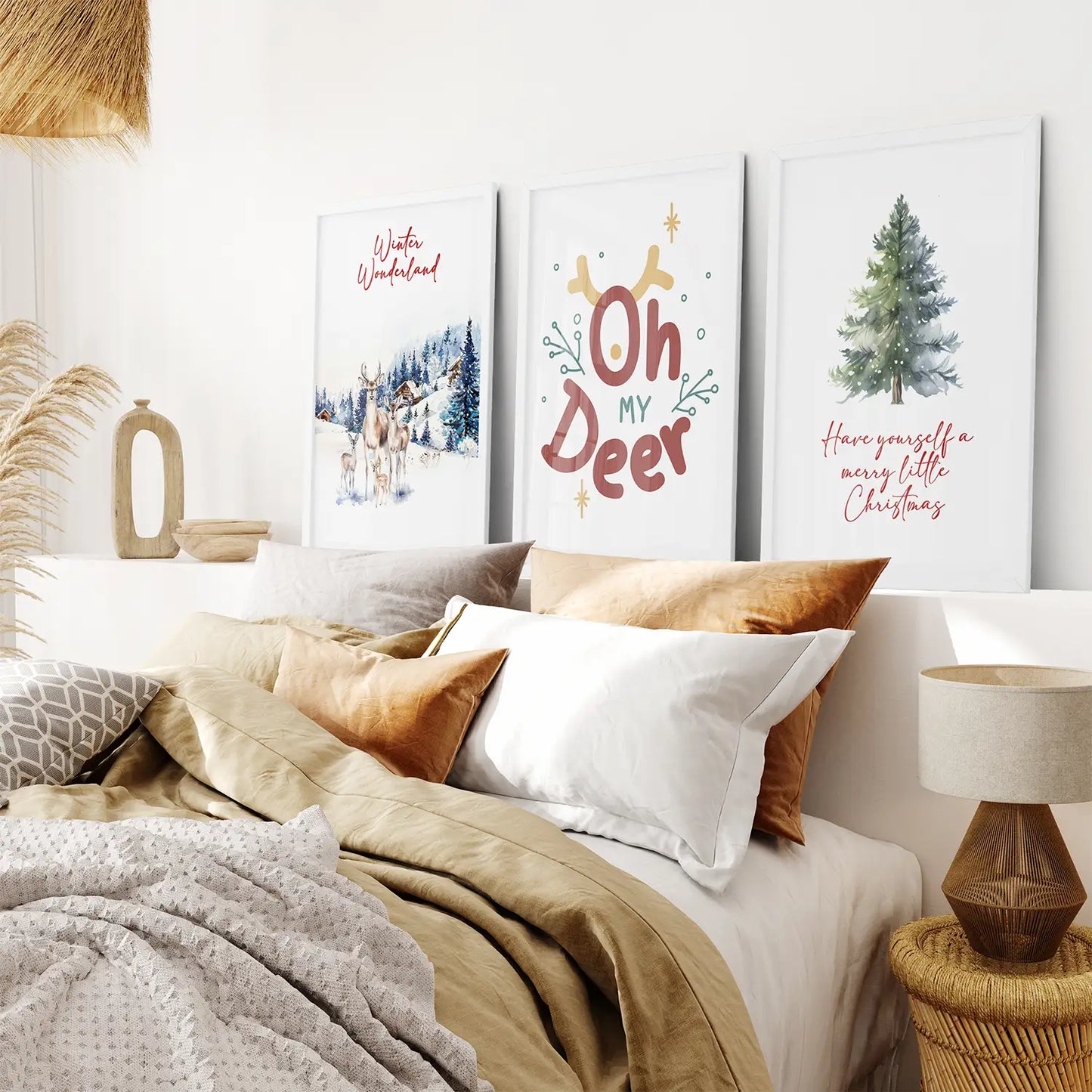 Trendy Prints Have Yourself a Merry Little Christmas Art Decor. White Frames Above the Sofa.