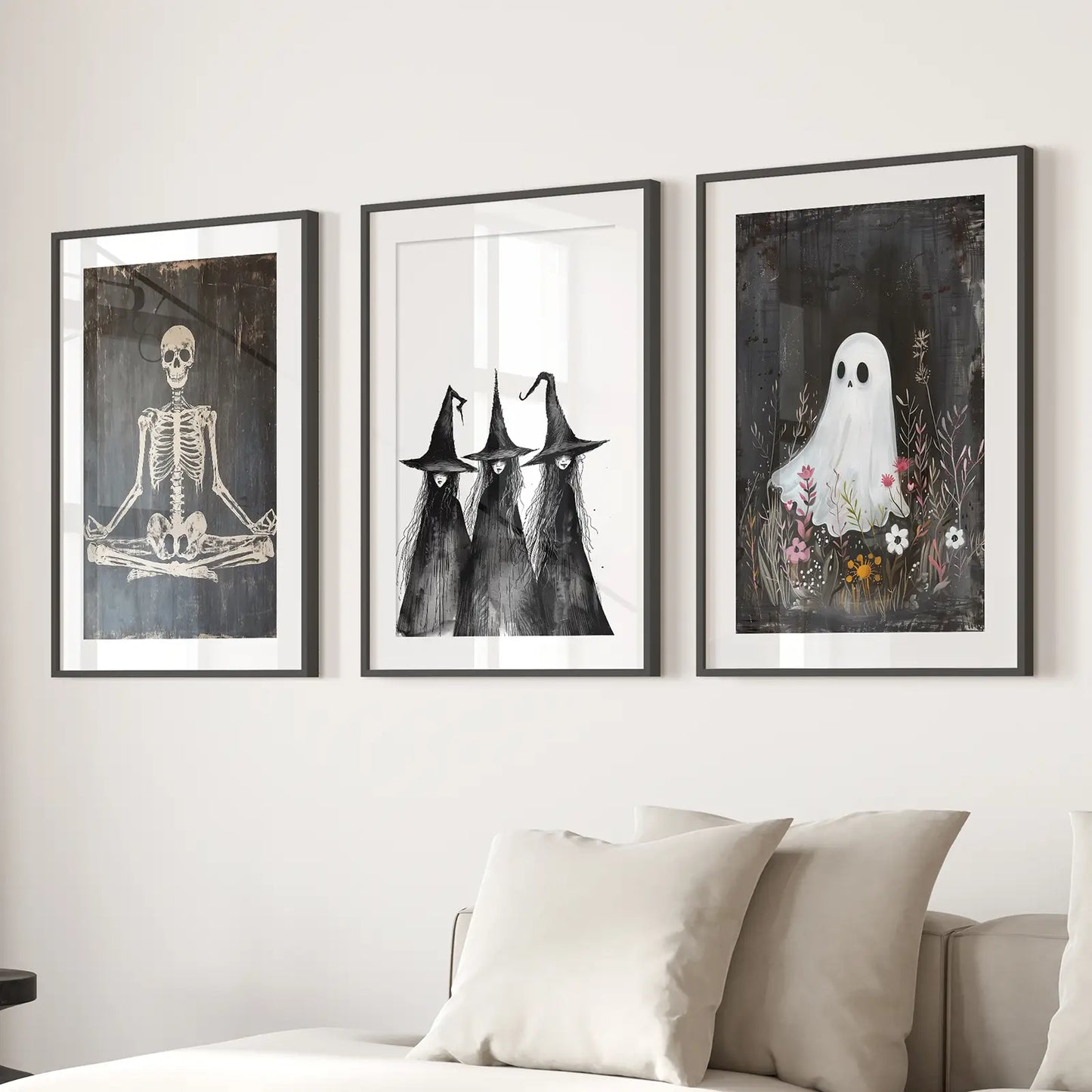 Halloween Art Ghost Printable Wall Art Home Decor. Black Frames with Mat Over the Couch.
