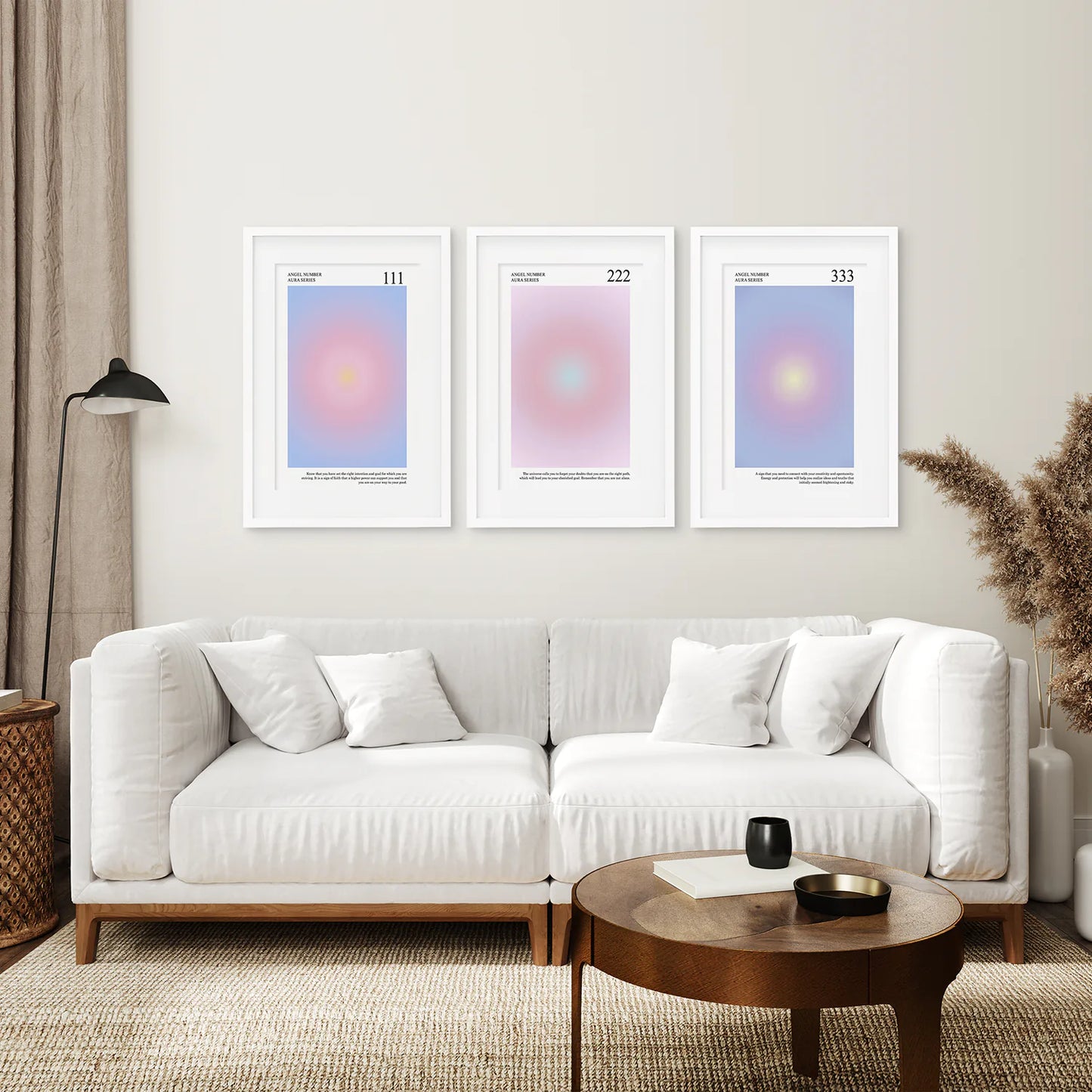Affirmation Aura Angel Set of 3 Prints. White Frames with Mat for Living Room.