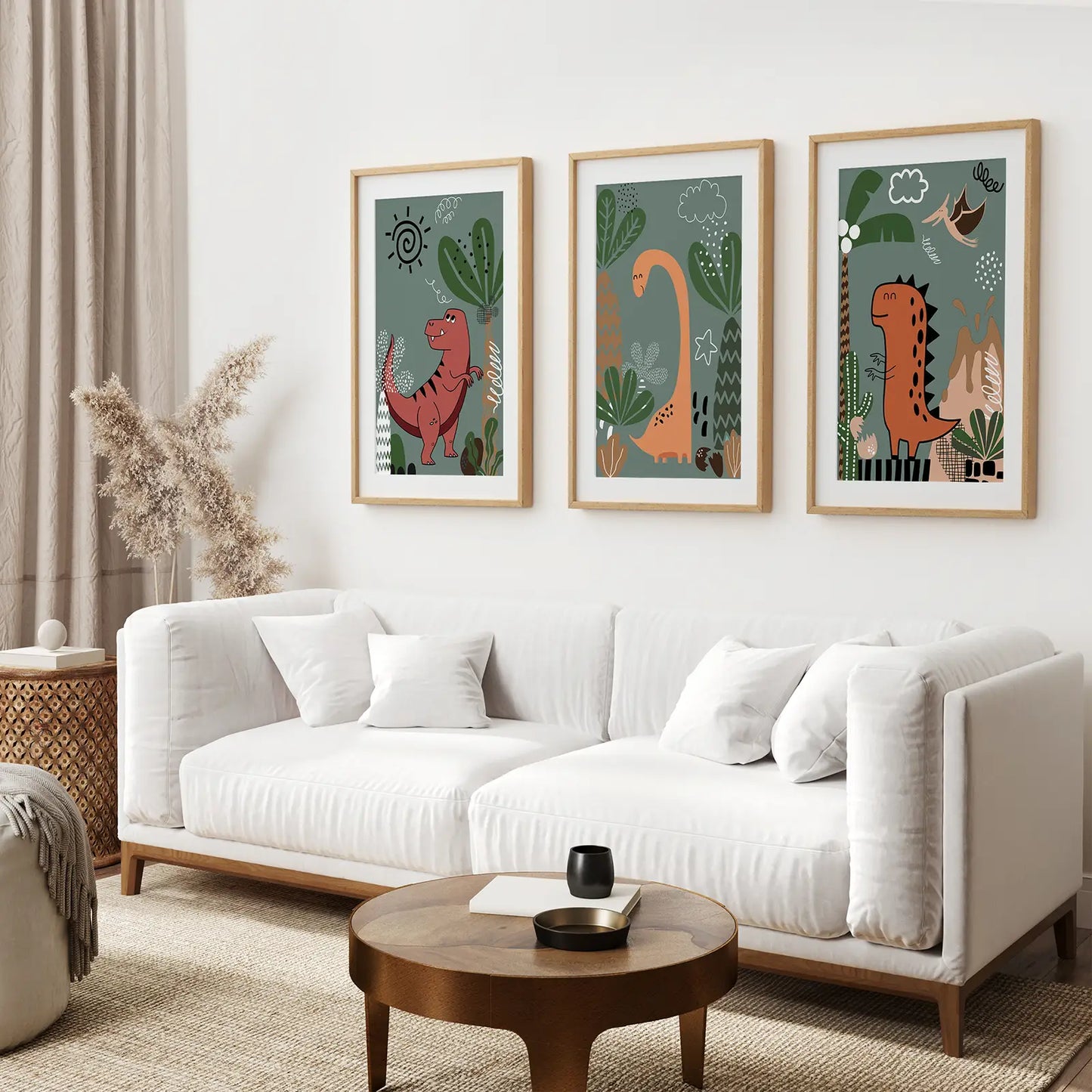 Jungle dinosaur poster set for nursery wall, modern minimalist design. Thinwood frames with mat for living room.