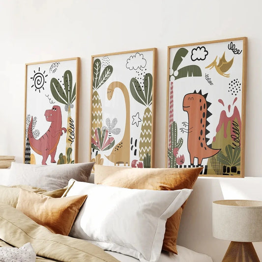 Dinosaur nursery wall art set of 3 prints – cute T-Rex and Brontosaurus in boho colors. Thinwood frames over the bed.
