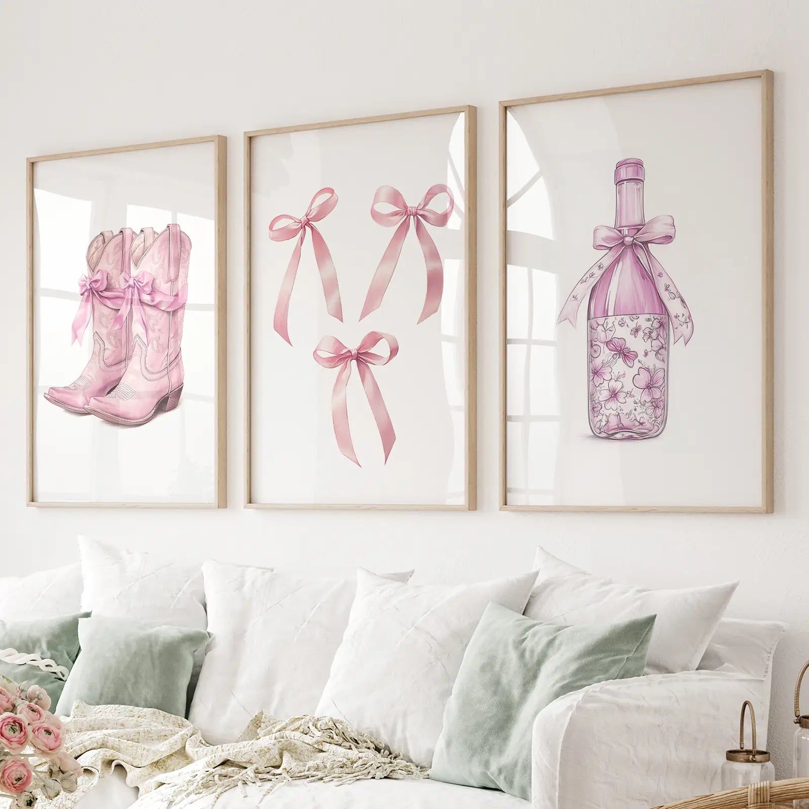 Feminine pink bow illustrations wall art – minimal modern gallery wall set. Thinwood frames for living room.