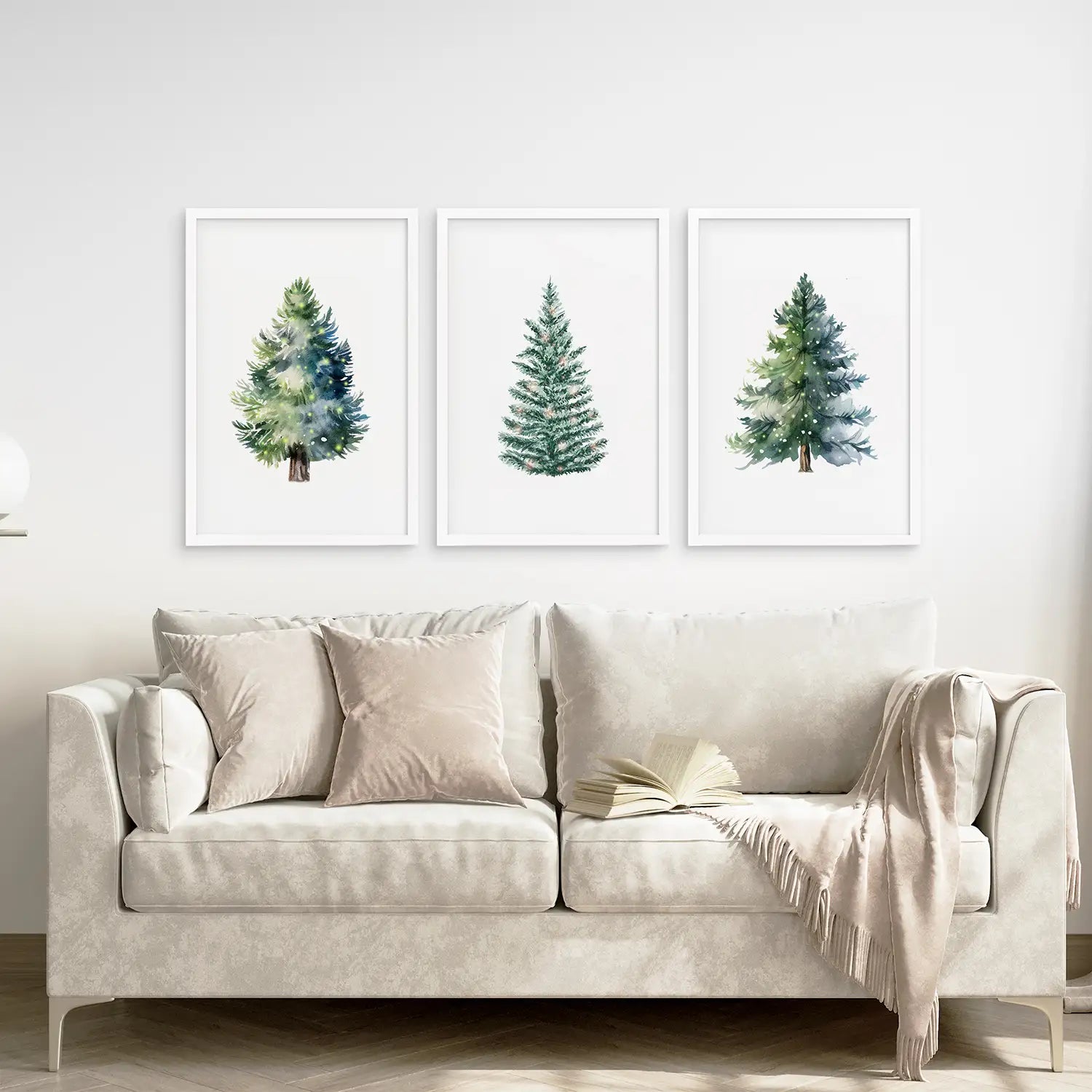 Modern Watercolor Painting Holiday Home Decor. White Frames Above the Sofa.