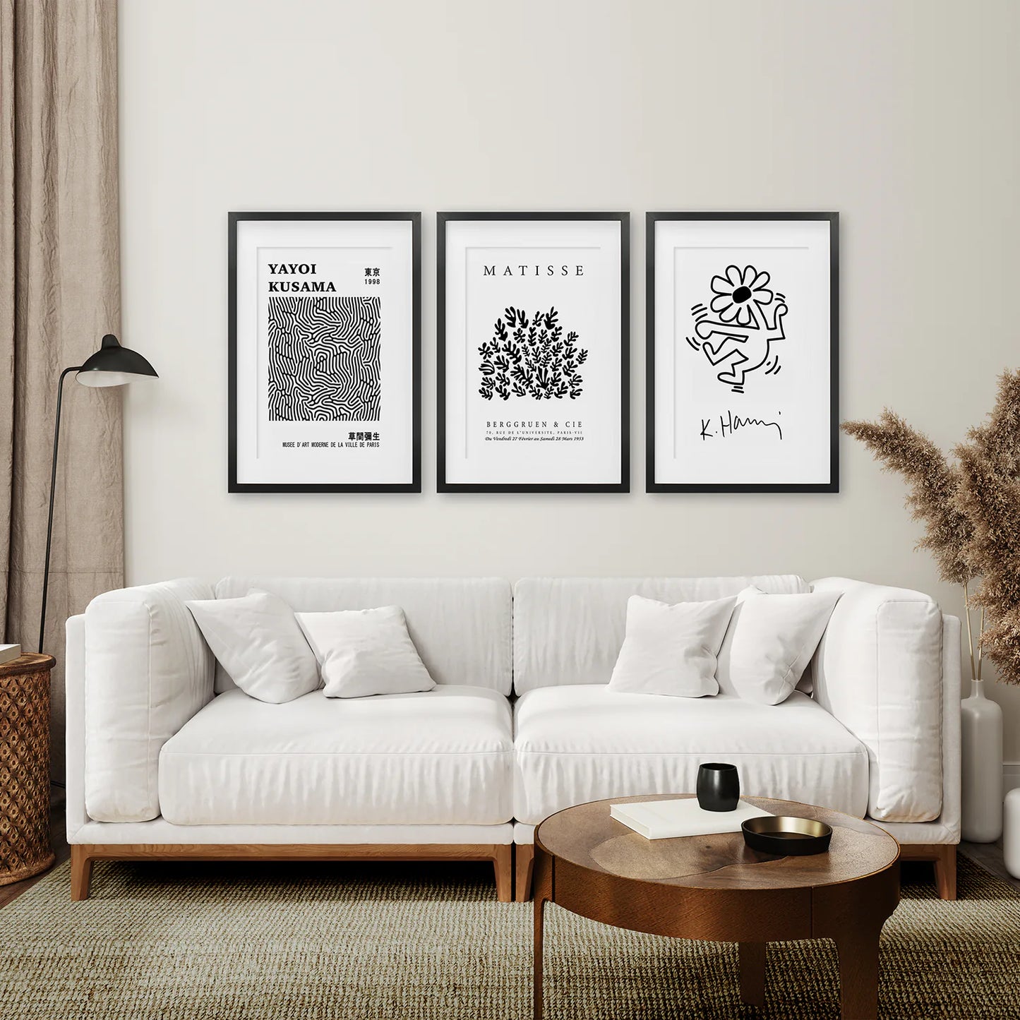 Trendy Black and White Wall Art Set. Black Frames with Mat Over the Coach.