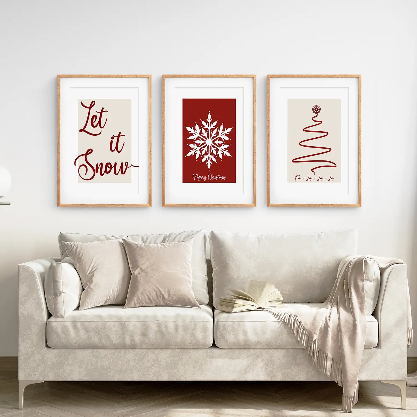 Let it Snow Red Beige Xmas Home Decor Poster. Thin Wood Frames with Mat Over the Coach.