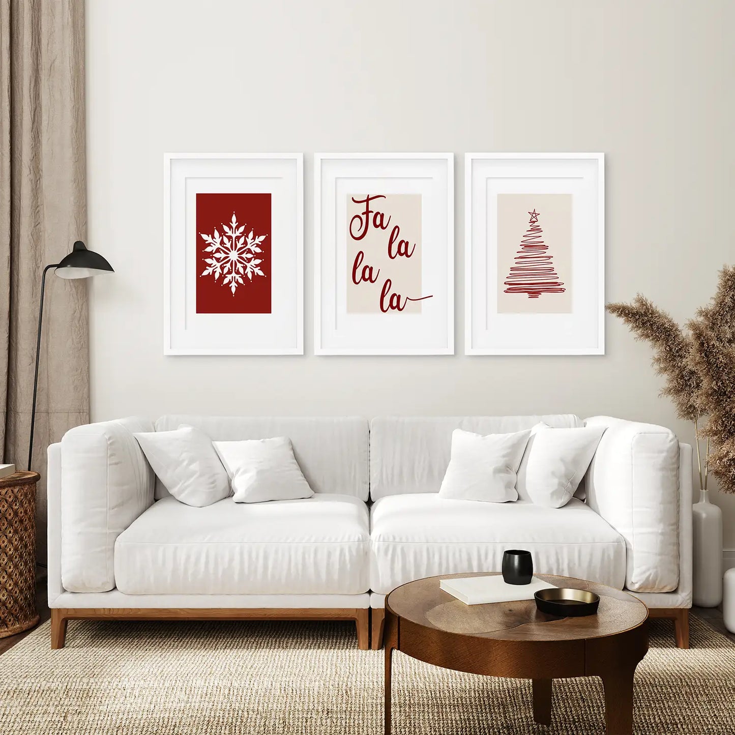 Printable Large Prints Xmas Wall Art. White Frames with Mat Above the Sofa.