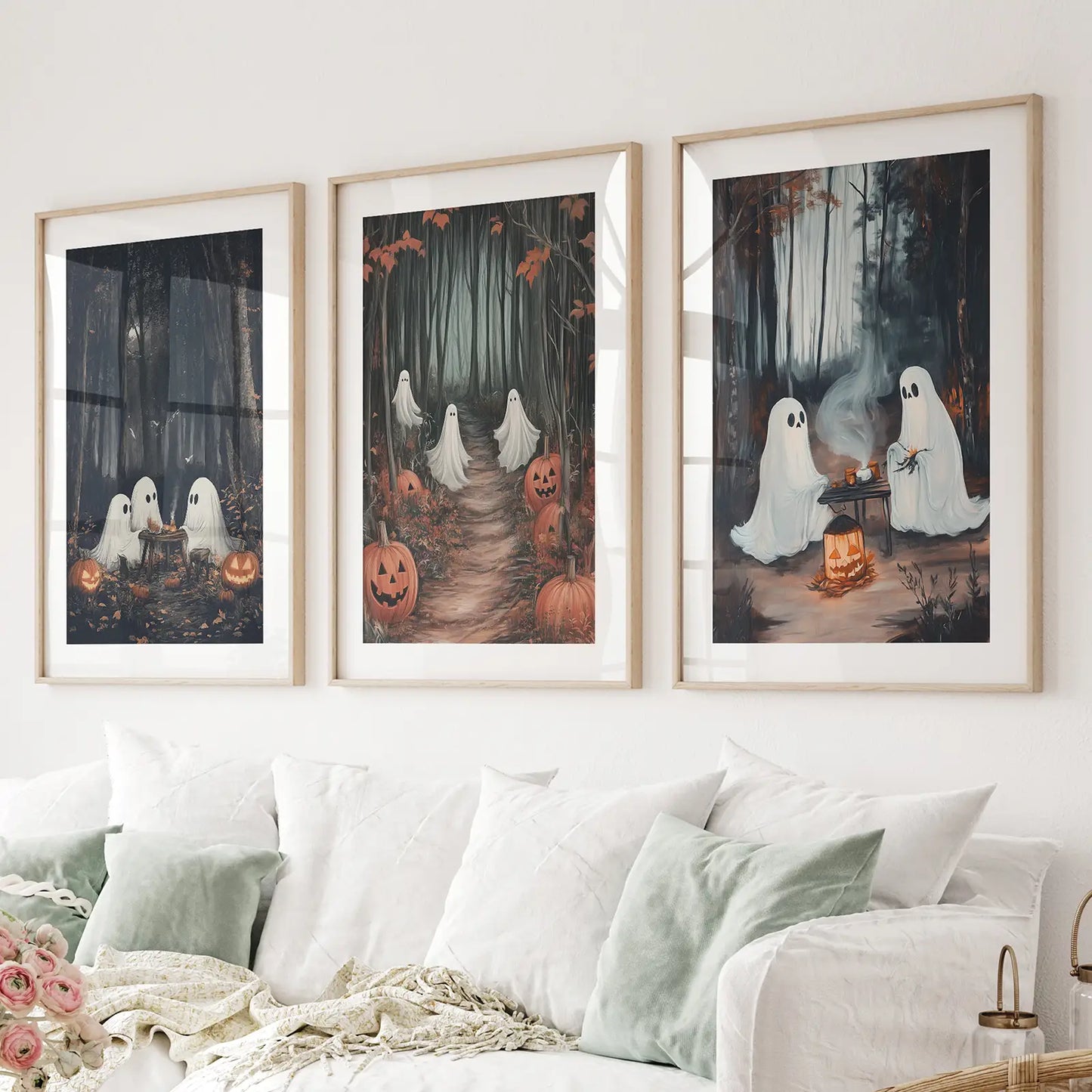 Cute ghost wall art posters set of 3 for fall and Halloween home decoration. Thinwood frames with mat over the couch.