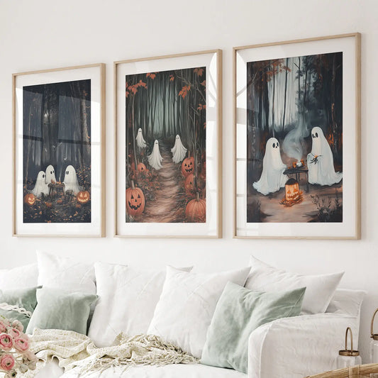 Cute ghost wall art posters set of 3 for fall and Halloween home decoration. Thinwood frames with mat over the couch.
