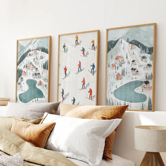 Unique Xmas Gift Cottage Decoration Wall Art Prints. Thinwood Frames Above the Bed.