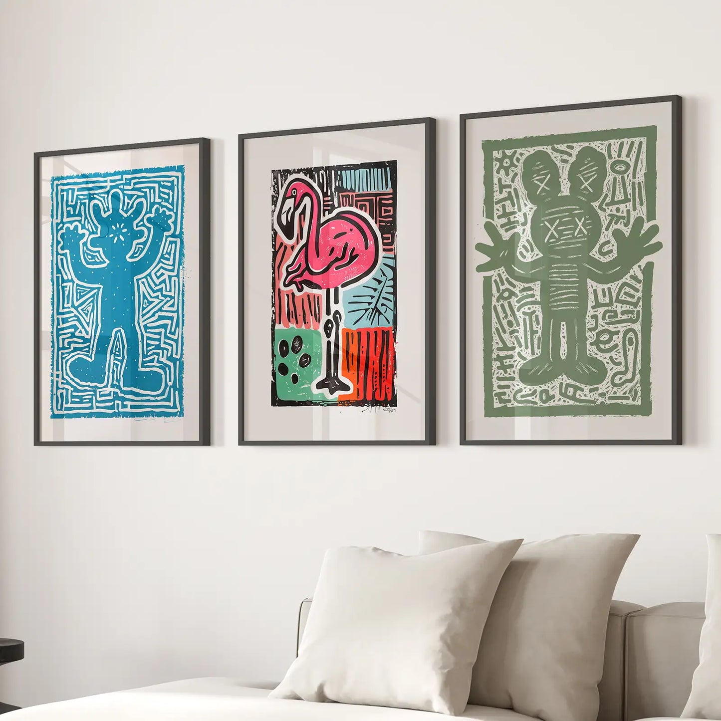 Colorful Groovy Set of 3 Prints Room Decor. Black Frames for Living Room.