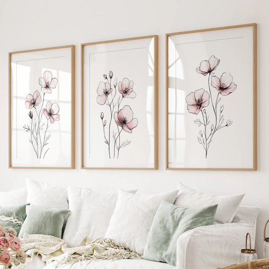 Botanical print set featuring soft pink flowers with fine black line art, modern decor.. Thinwood frames with mat for living room.