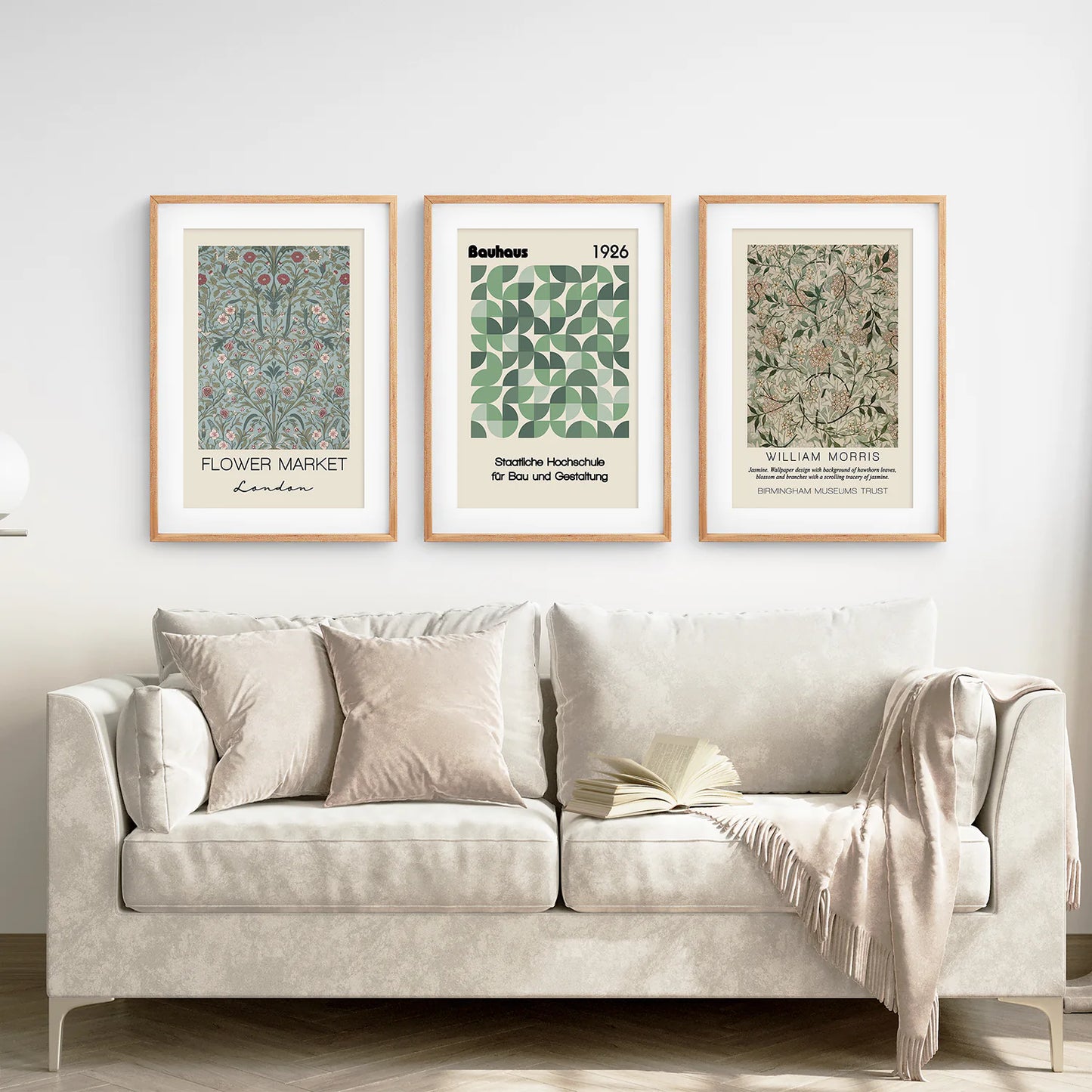 William Morris Vintage Museum Home Decor Set. Thin Wood Frames with Mat Above the Sofa.