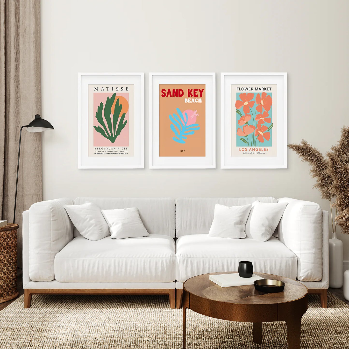 Large Wall Art Matisse Museum Print Poster Decor. White Frames with Mat Above the Sofa.