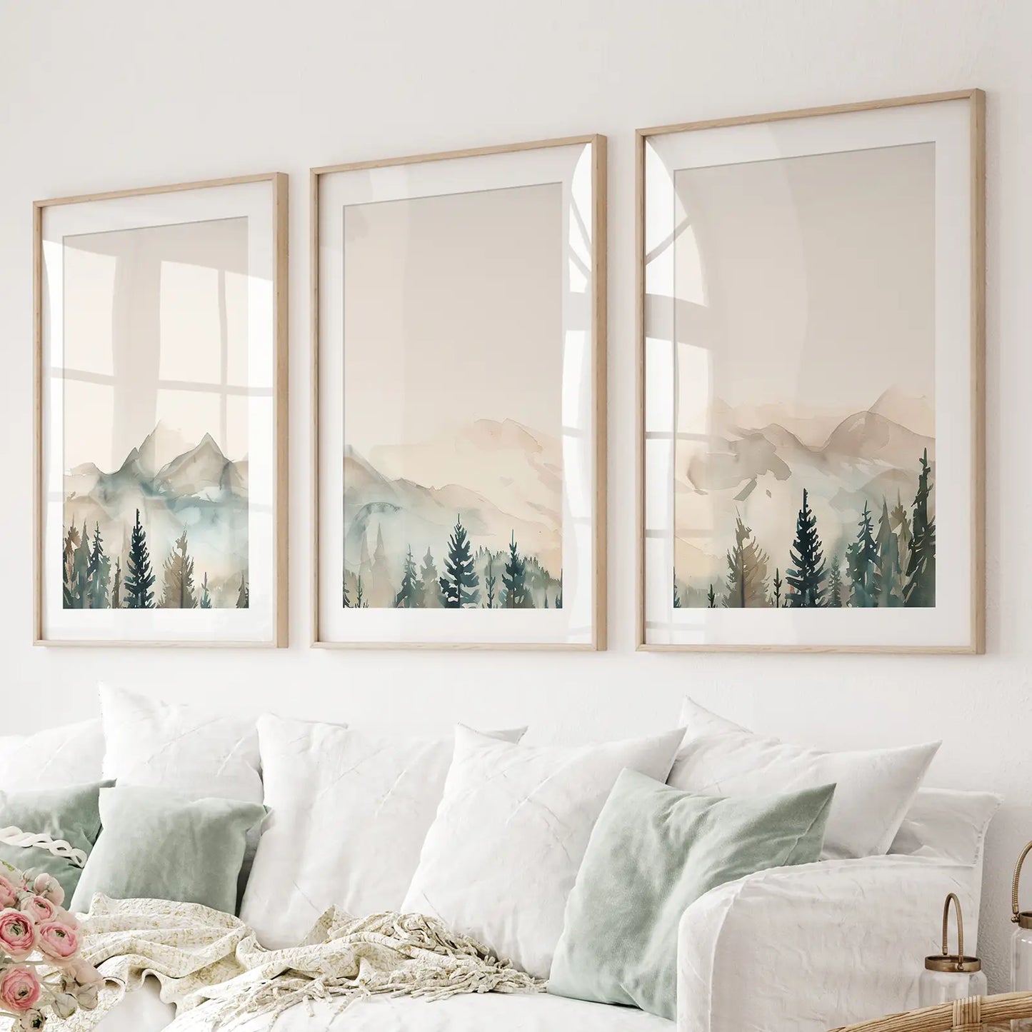 Printable Nature Wall Decor Modern Art Prints. Thinwood Frames with Mat Over the Couch.