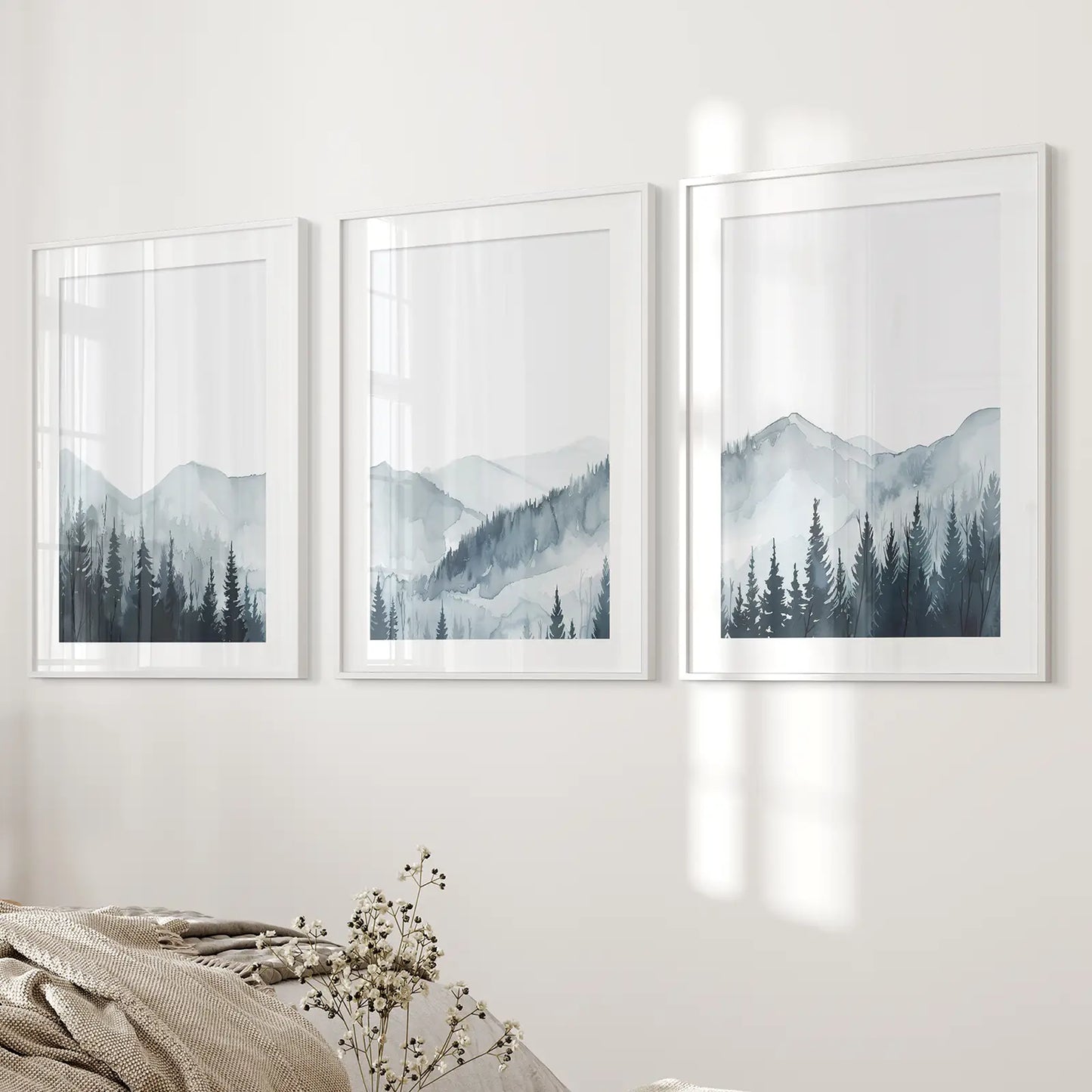 Pine Forest Wall Decor Blue Print Poster Set. White Frames with Mat Above the Bed.