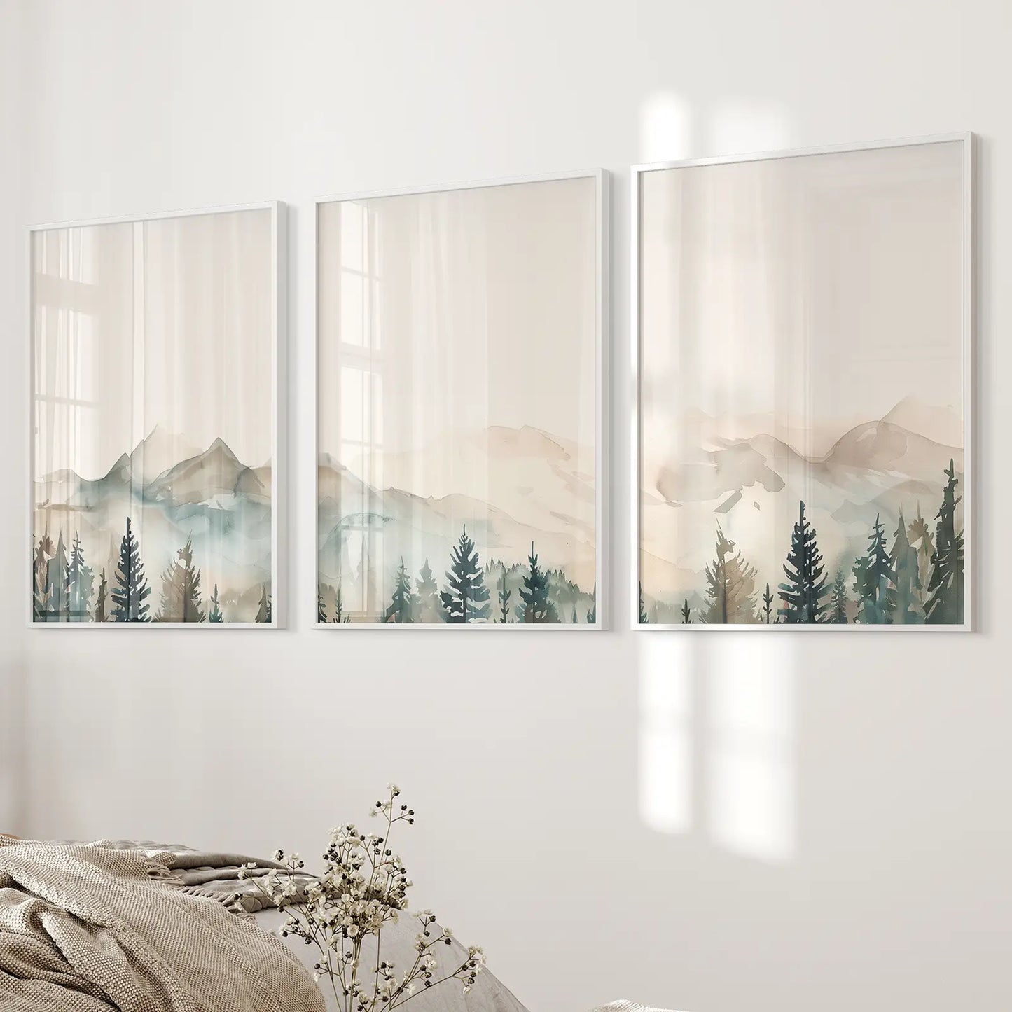Forest and Mountain Print Apartment Decor Set. White Frames for Bedroom.