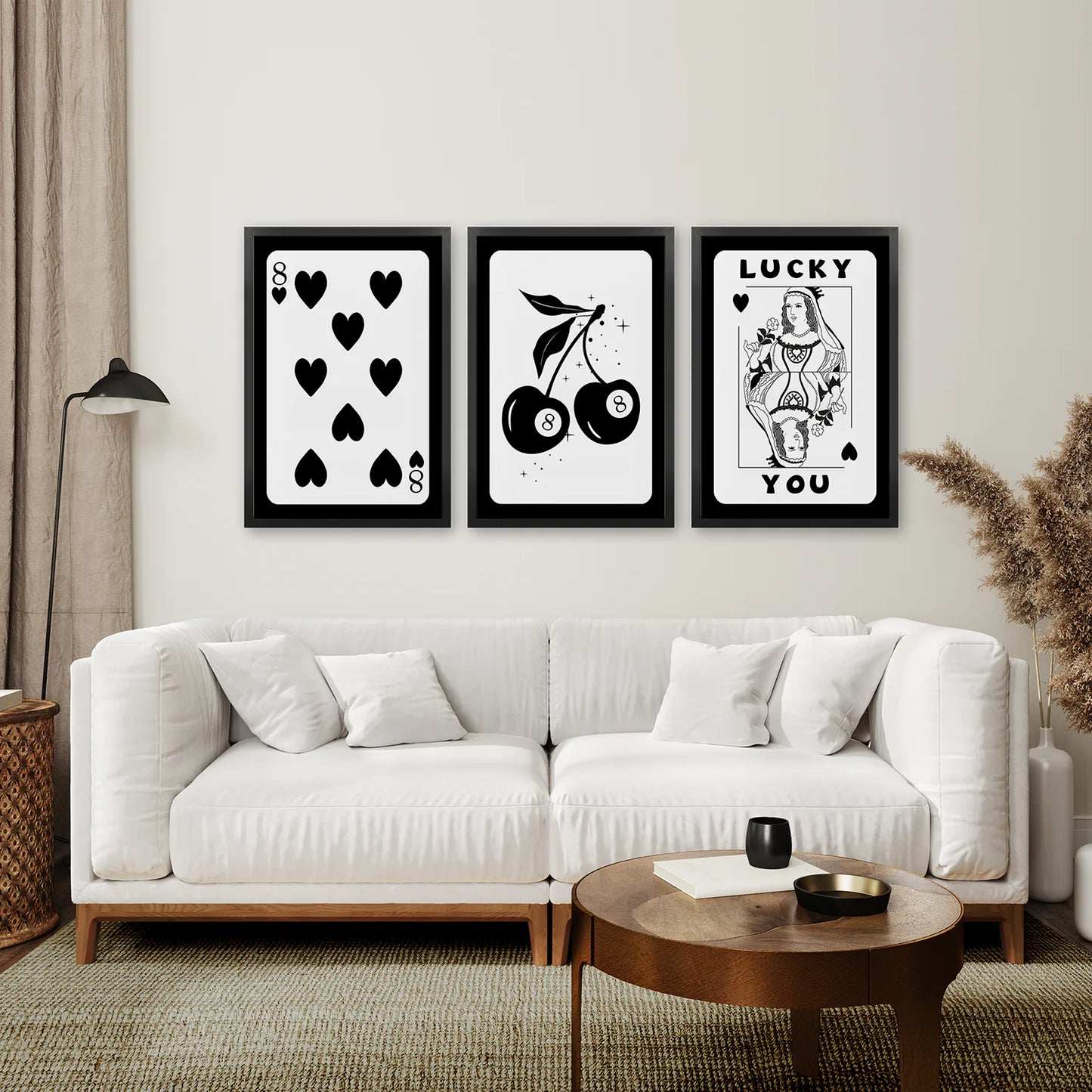 8 Balls Cherry, Queen of Hearts Wall Art Decor. Black Frames Over the Coach.