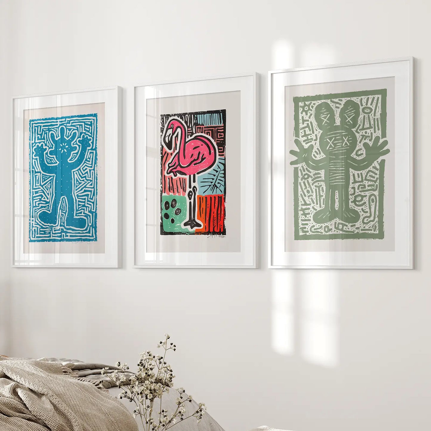 Abstract Pop Art College Dorm Decor Set. White Frames with Mat for Bedroom.