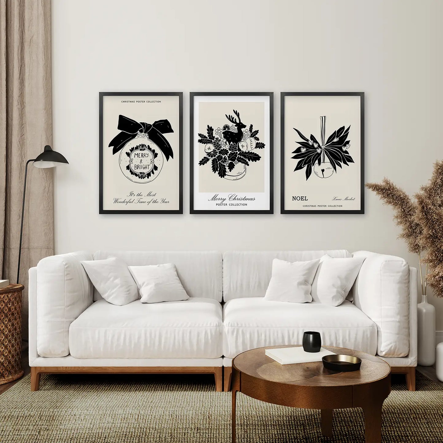 Christmas Sign Wall Art Home Decor Prints. Black Frames Over the Coach.