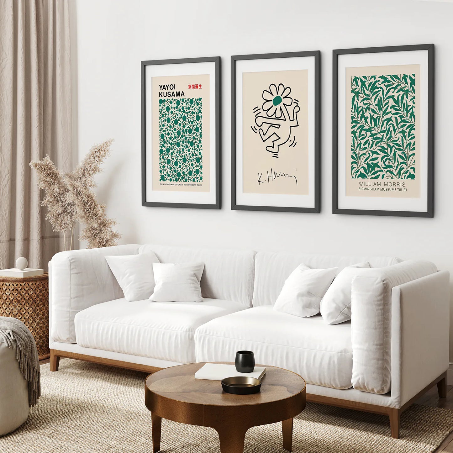 Keith Harin Flower 3 Piece Wall Art.Black Frames with Mat Over the Coach.