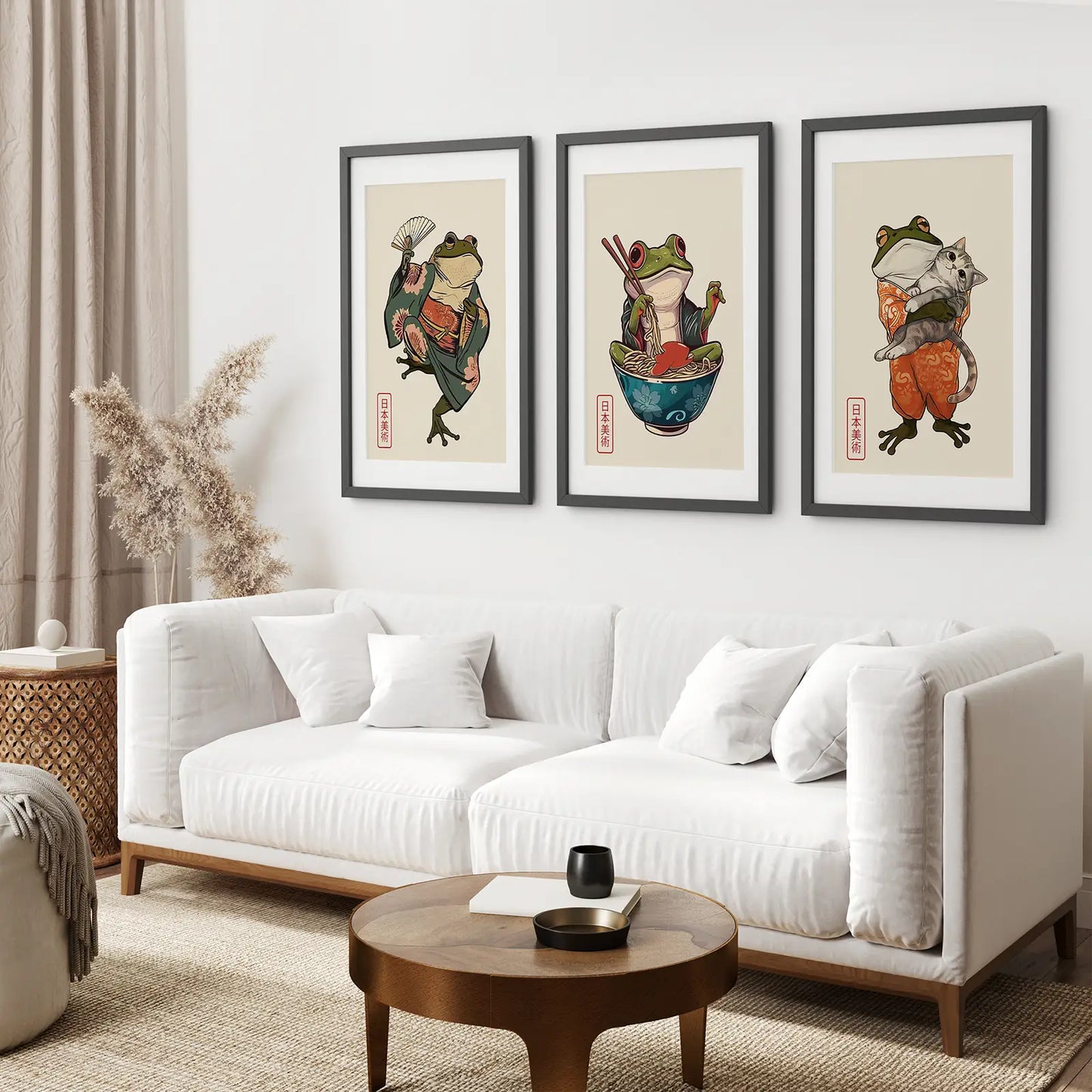 Japanese Frog Print Trendy Wall Art Living Room Decor. Black Frames with Mat Above the Sofa.