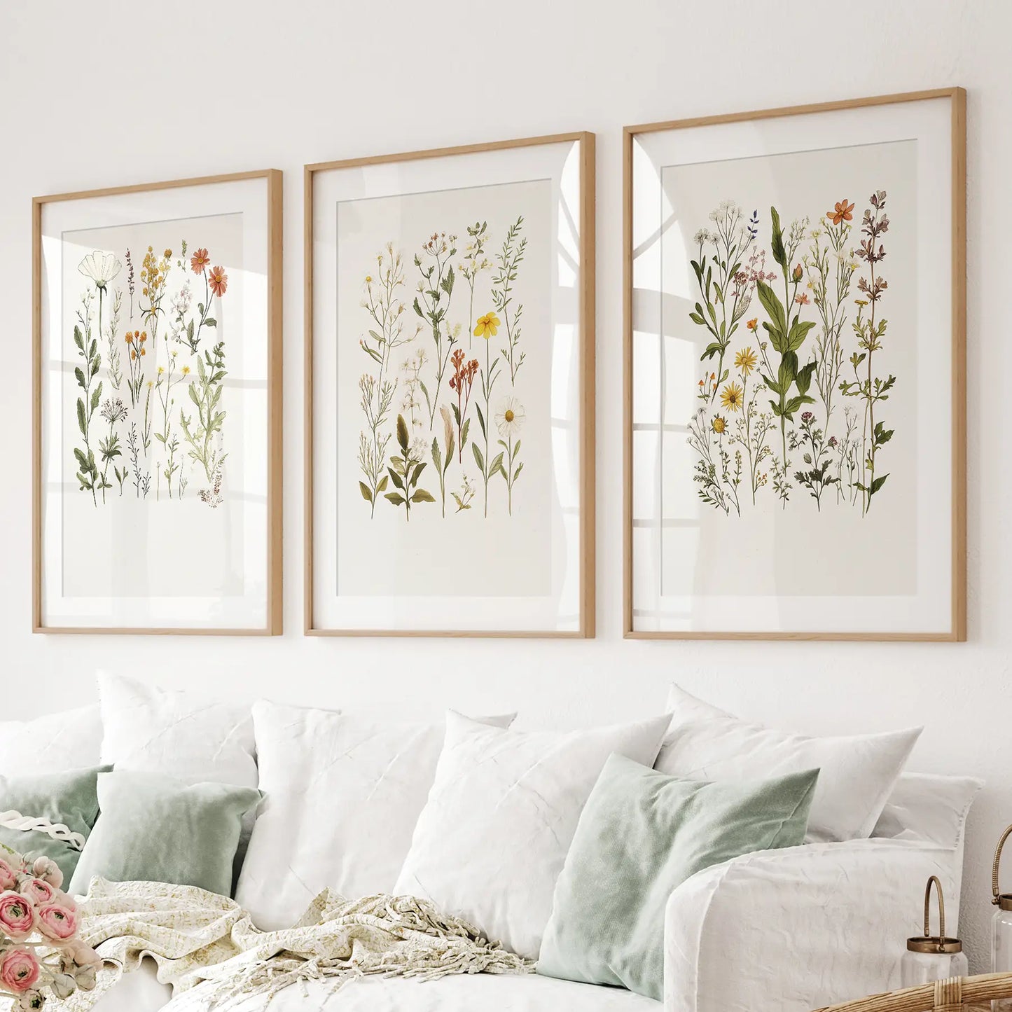 Wildflower Nursery Botanical Colorful Art Decor Posters. Thinwood Frames with Mat Above the Sofa.