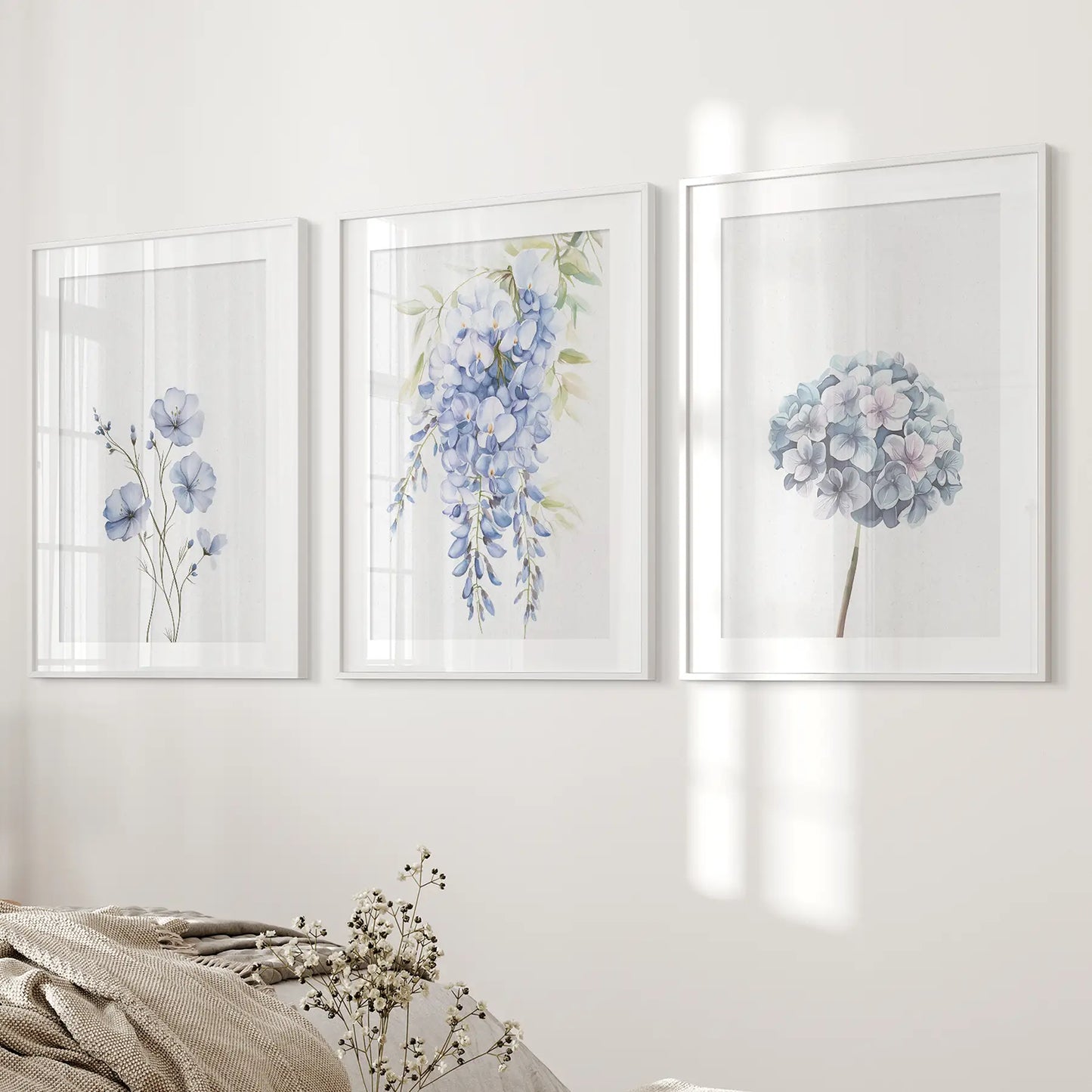 Pastel Wisteria Painting Floral Art Prints Decor. White Frames with Mat Over the Bed.