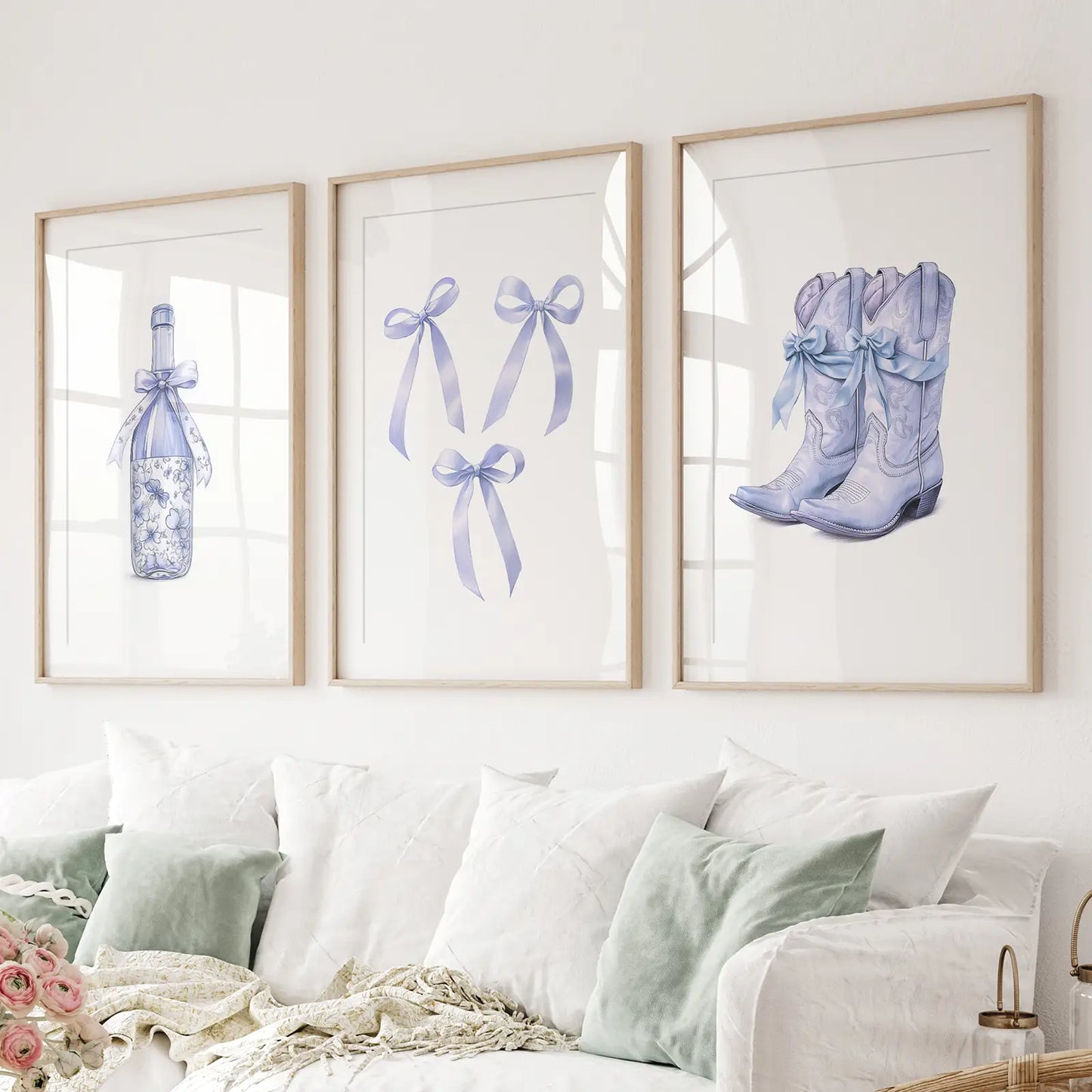 Blue floral champagne coquette prints modern art. Thinwood frames with mat over the couch.